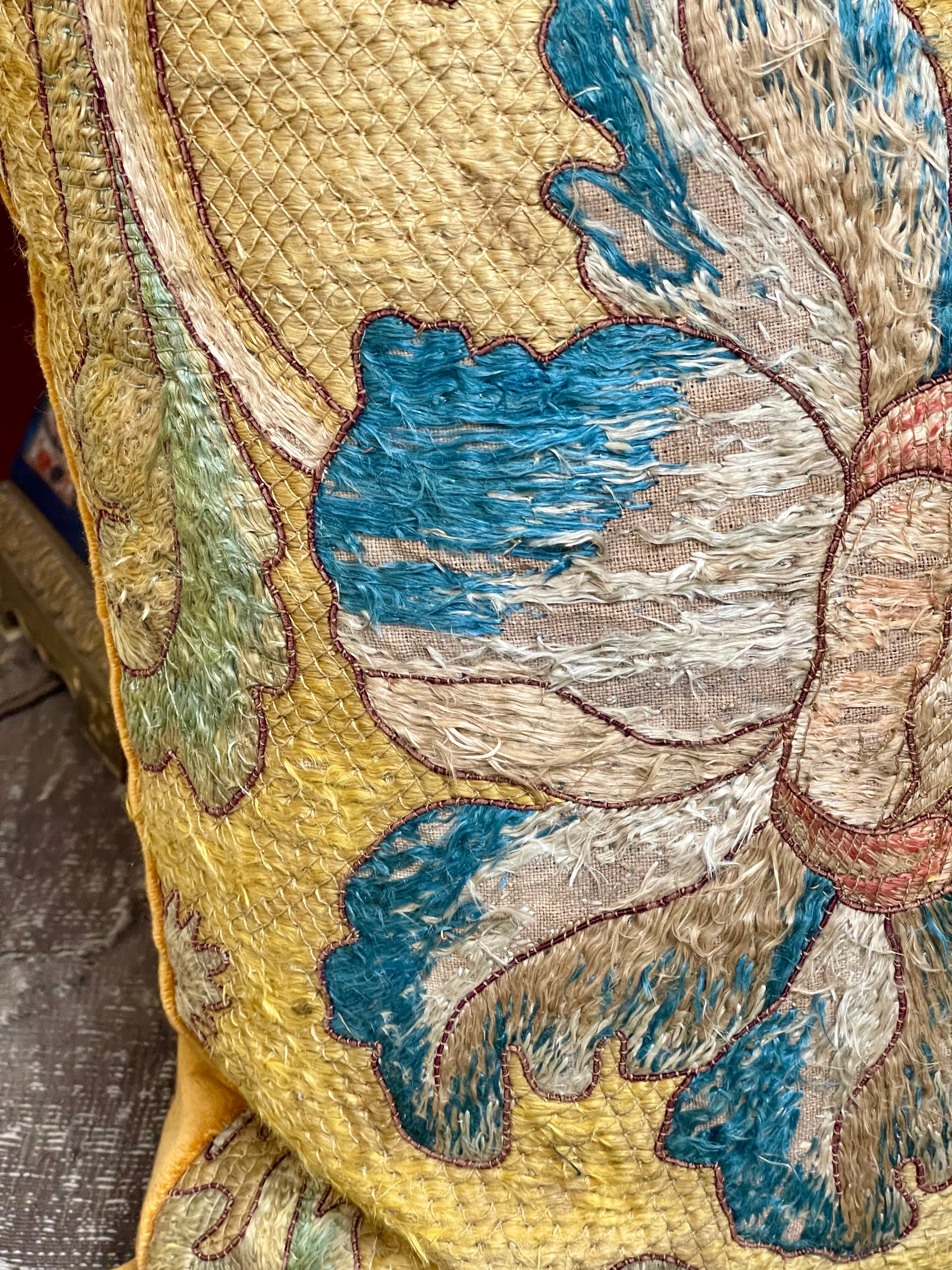 Antique Pillow 17th Century Silk Floss Embroidery BIRD