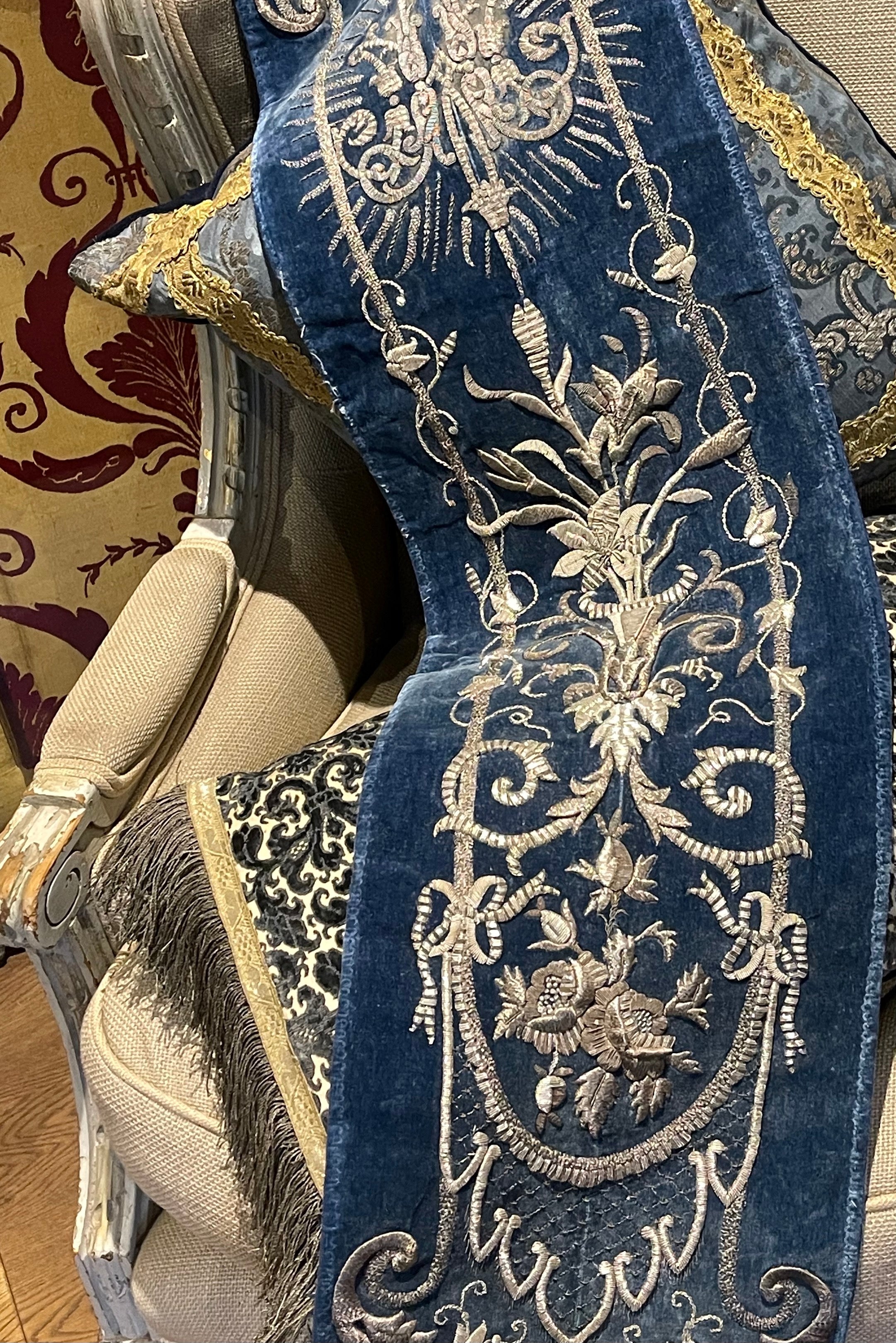 Antique Silver Metallic Embroidered Velvet Panel