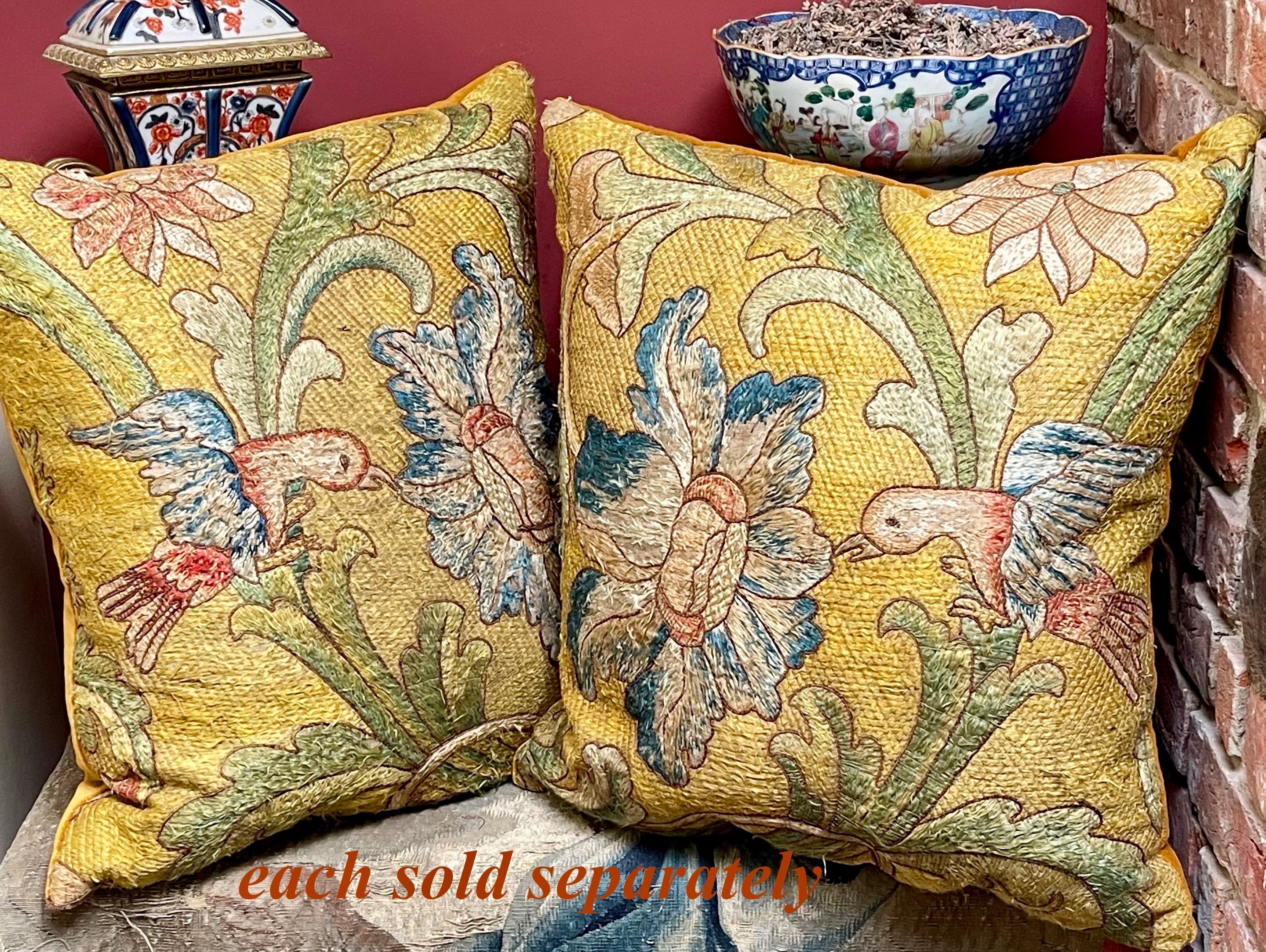 Antique Cushion 17th Century Embroidery BIRD