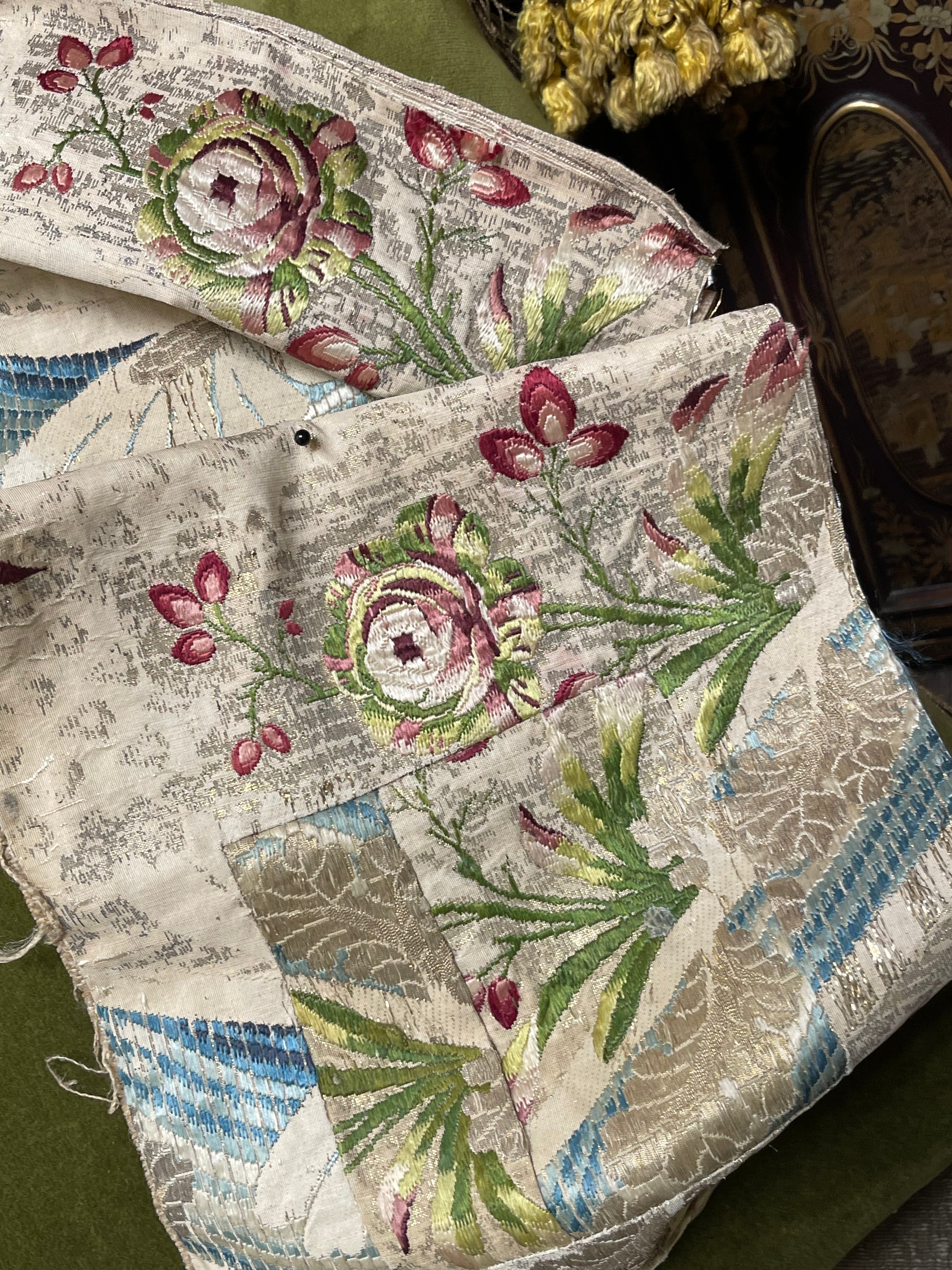18th Century French Silk Brocade Silver Metal Threads