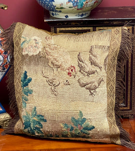 Antique Aubusson Tapestry Pillow CHICKENS