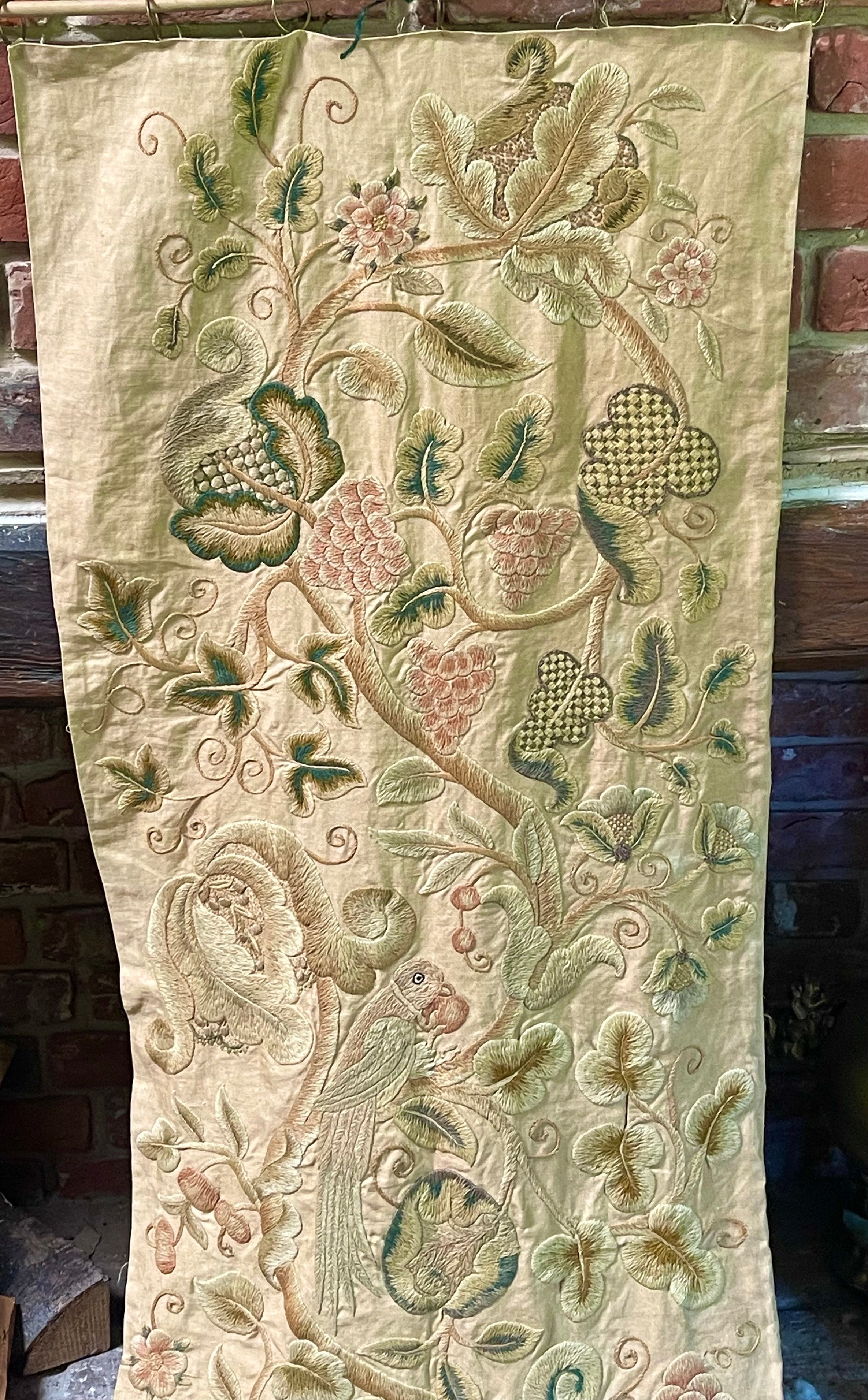 Antique English Crewelwork Curtain Panels PAIR