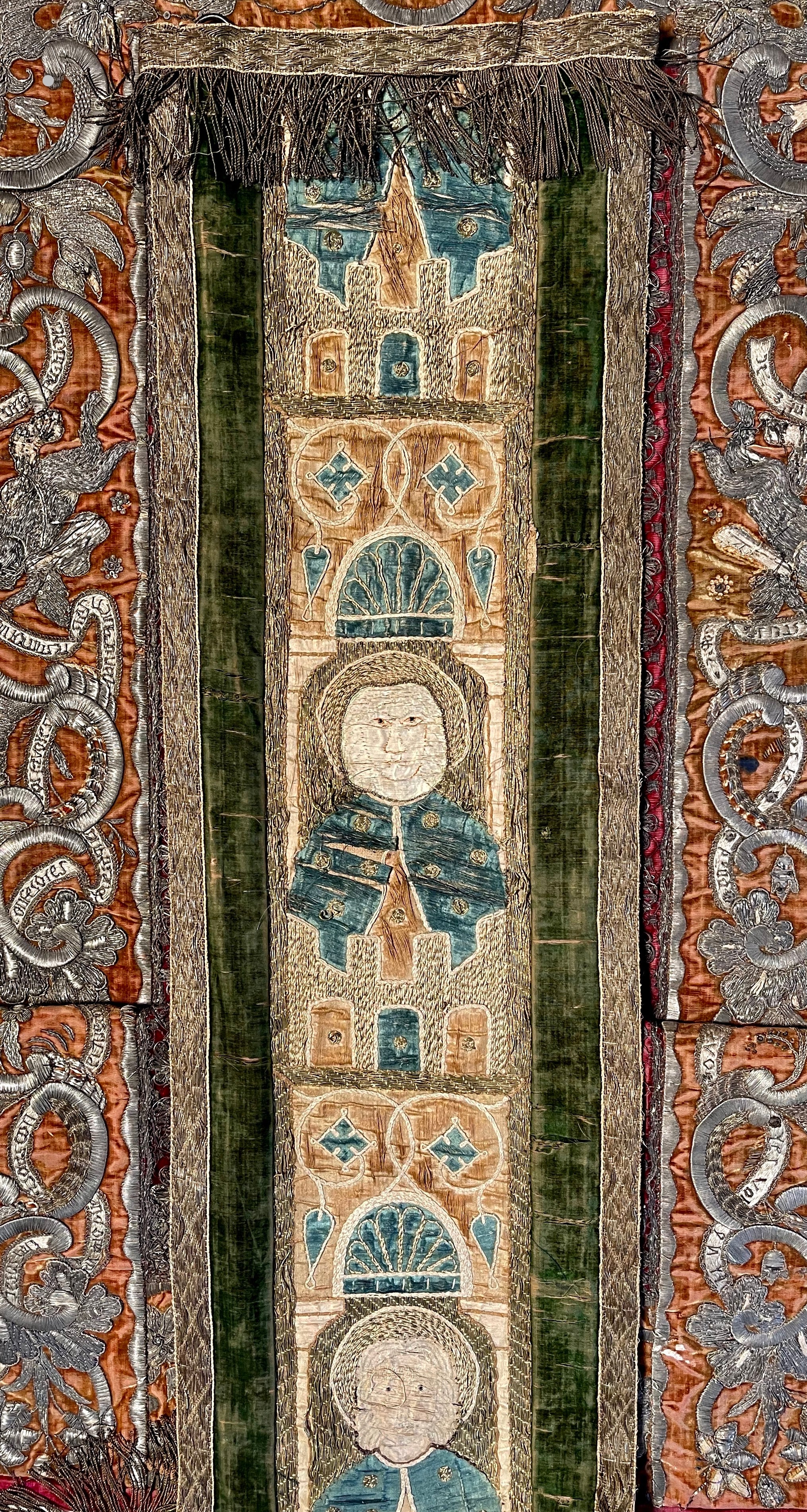 16th Century Embroidered Orphrey Panels of Saints Antique Runner