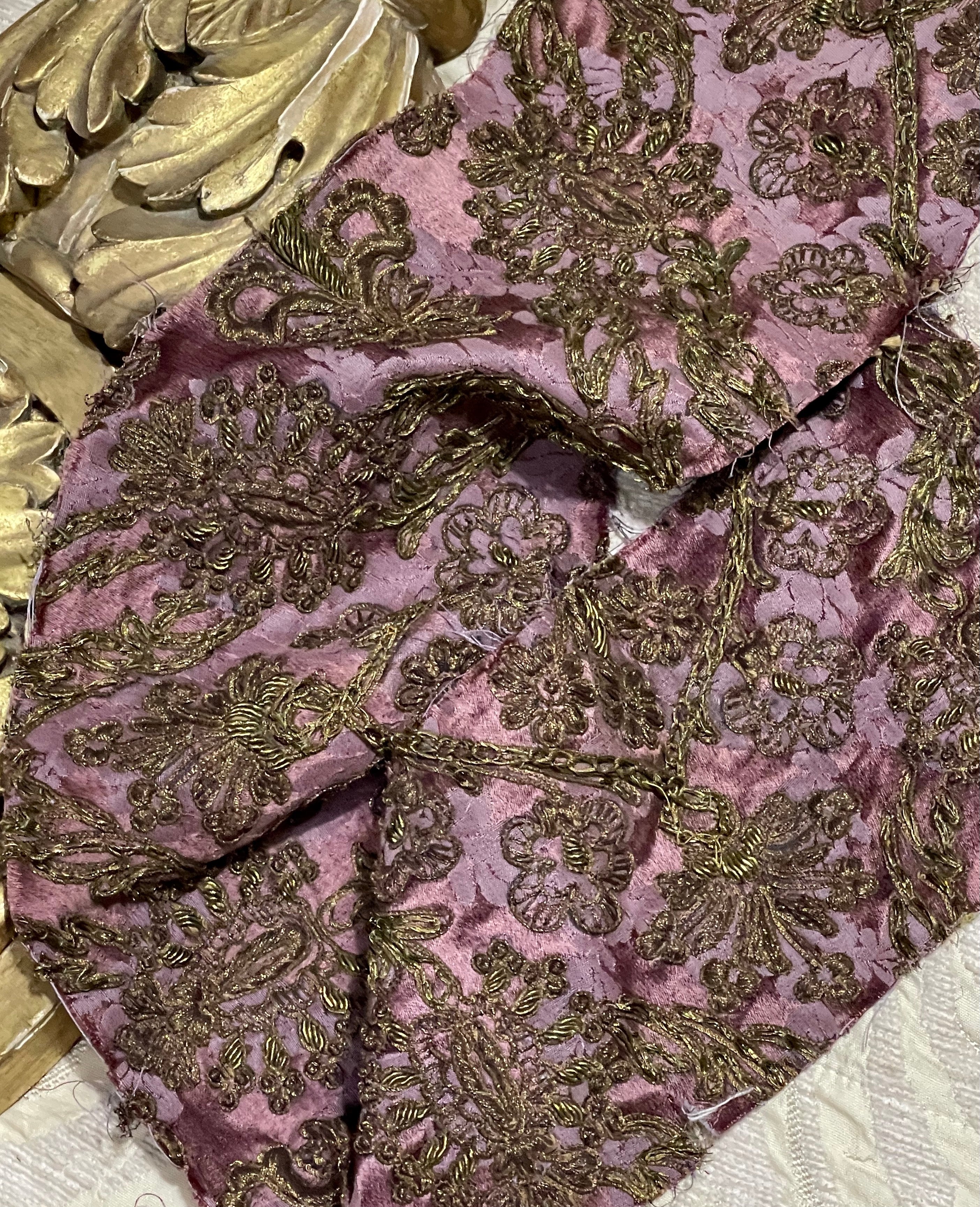 Antique Gold Embroidered Silk Damask