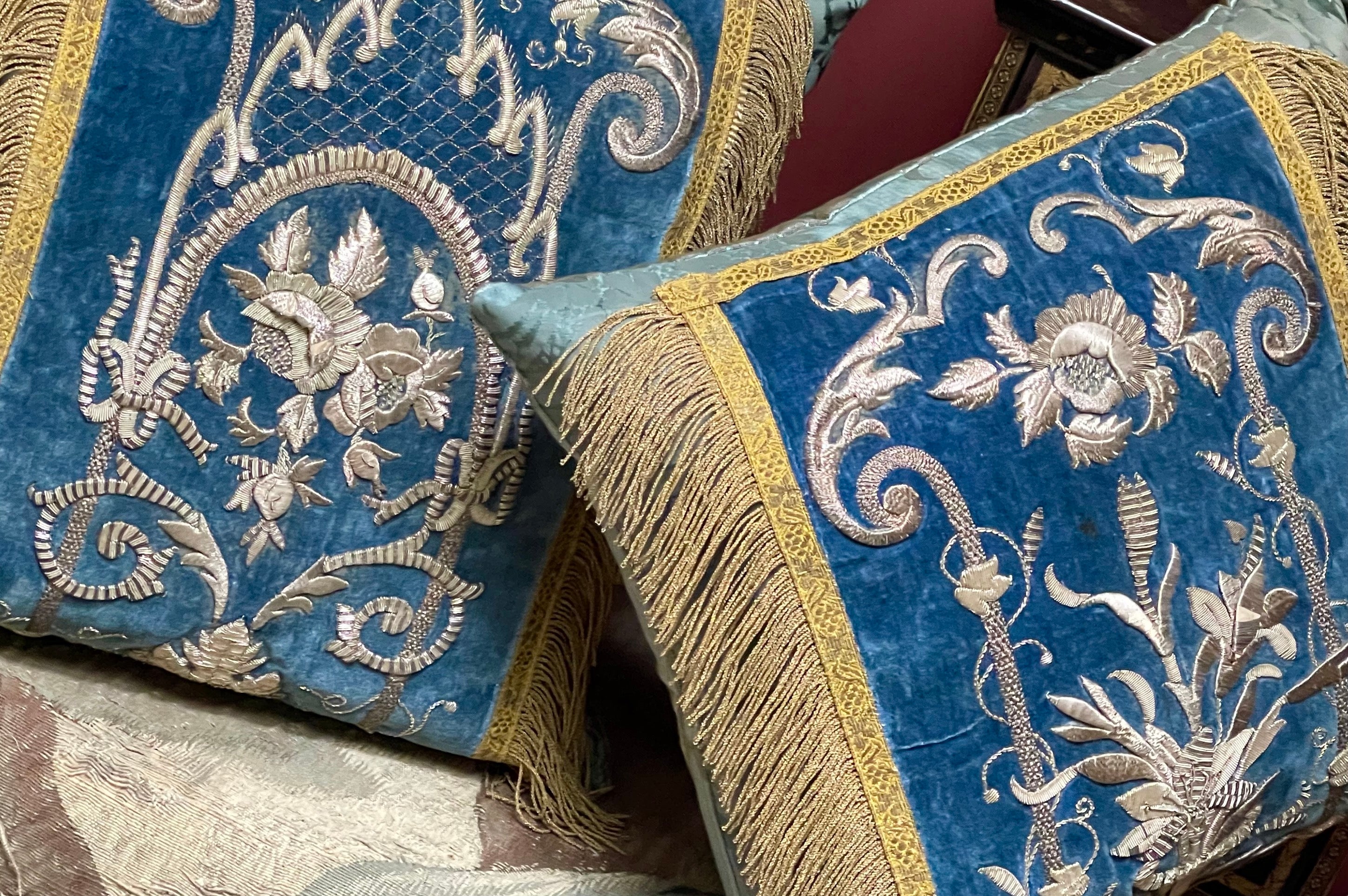 Antique Cushions Blue Velvet Silver Metallic Embroidery PAIR