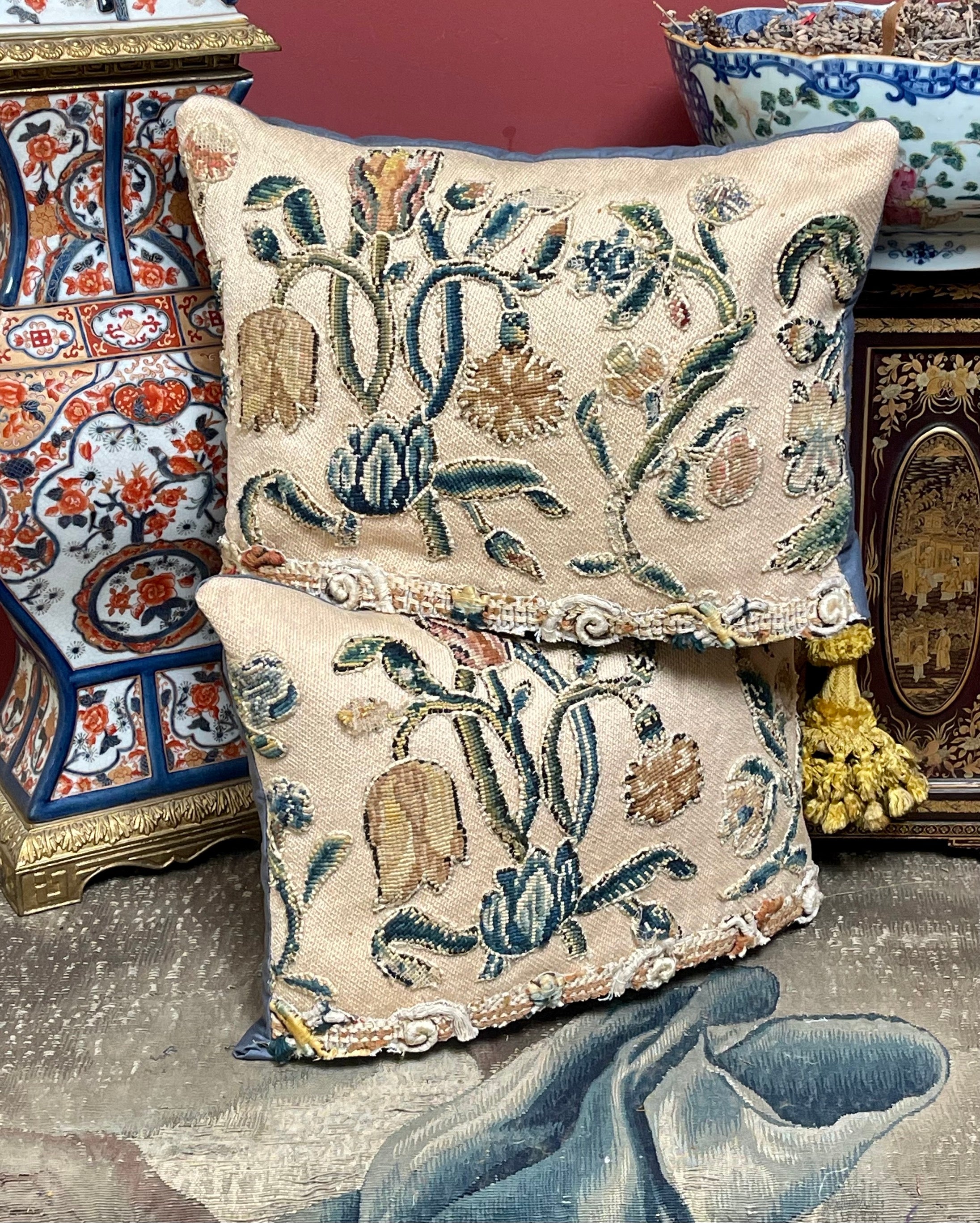 18th Century Crewelwork Cushions PAIR