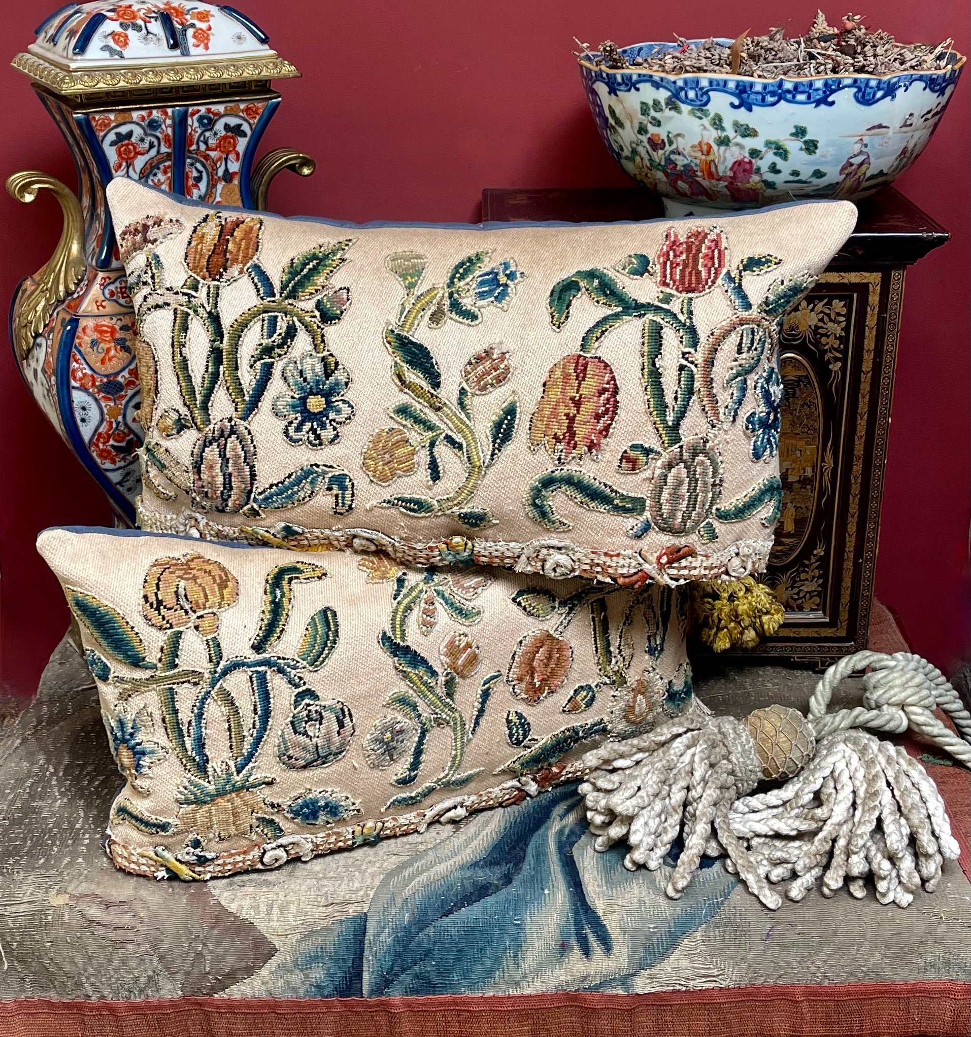 Antique English Crewelwork Pillows PAIR