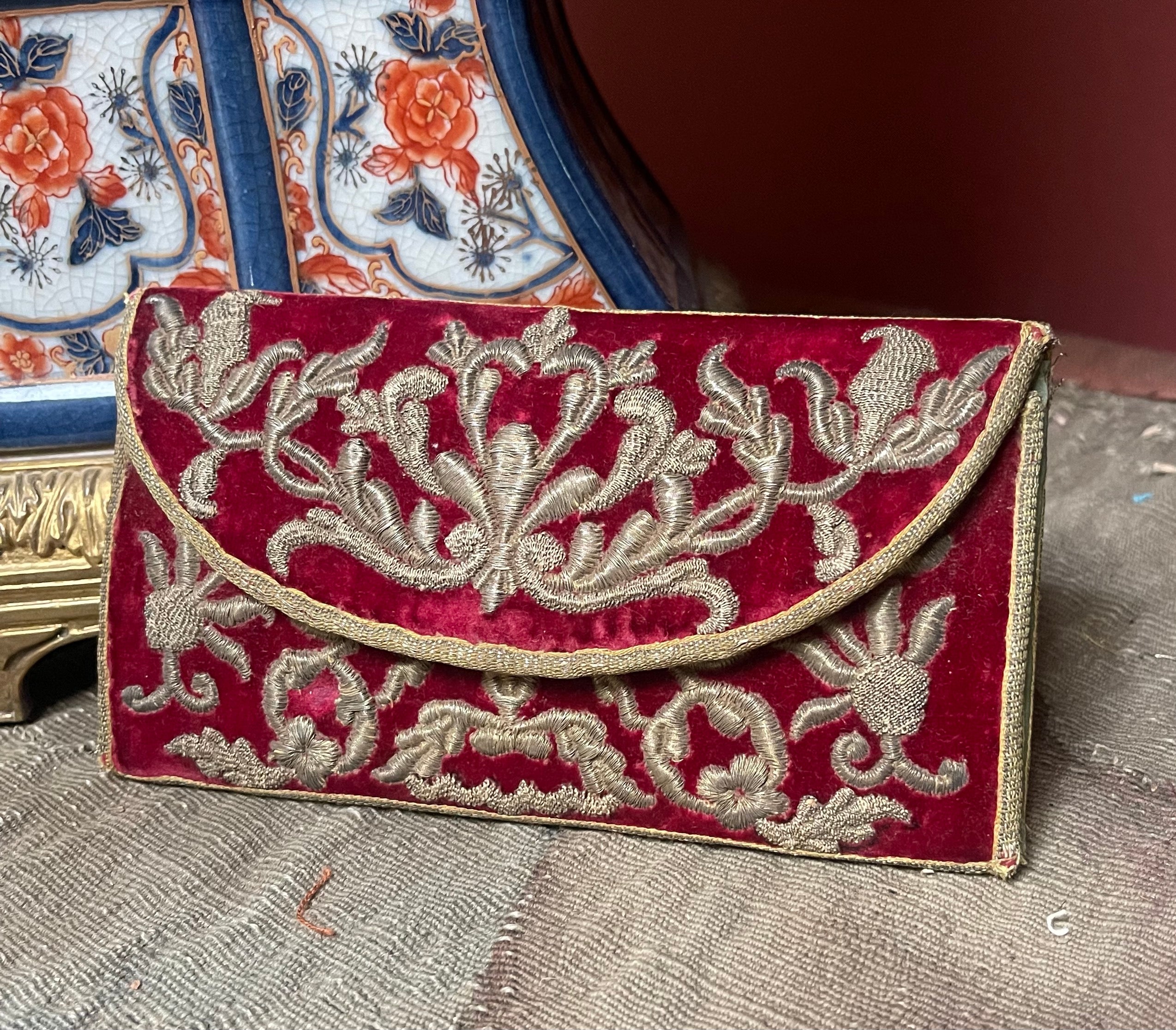 18th Century Metal Embroidered Silk Velvet Purse