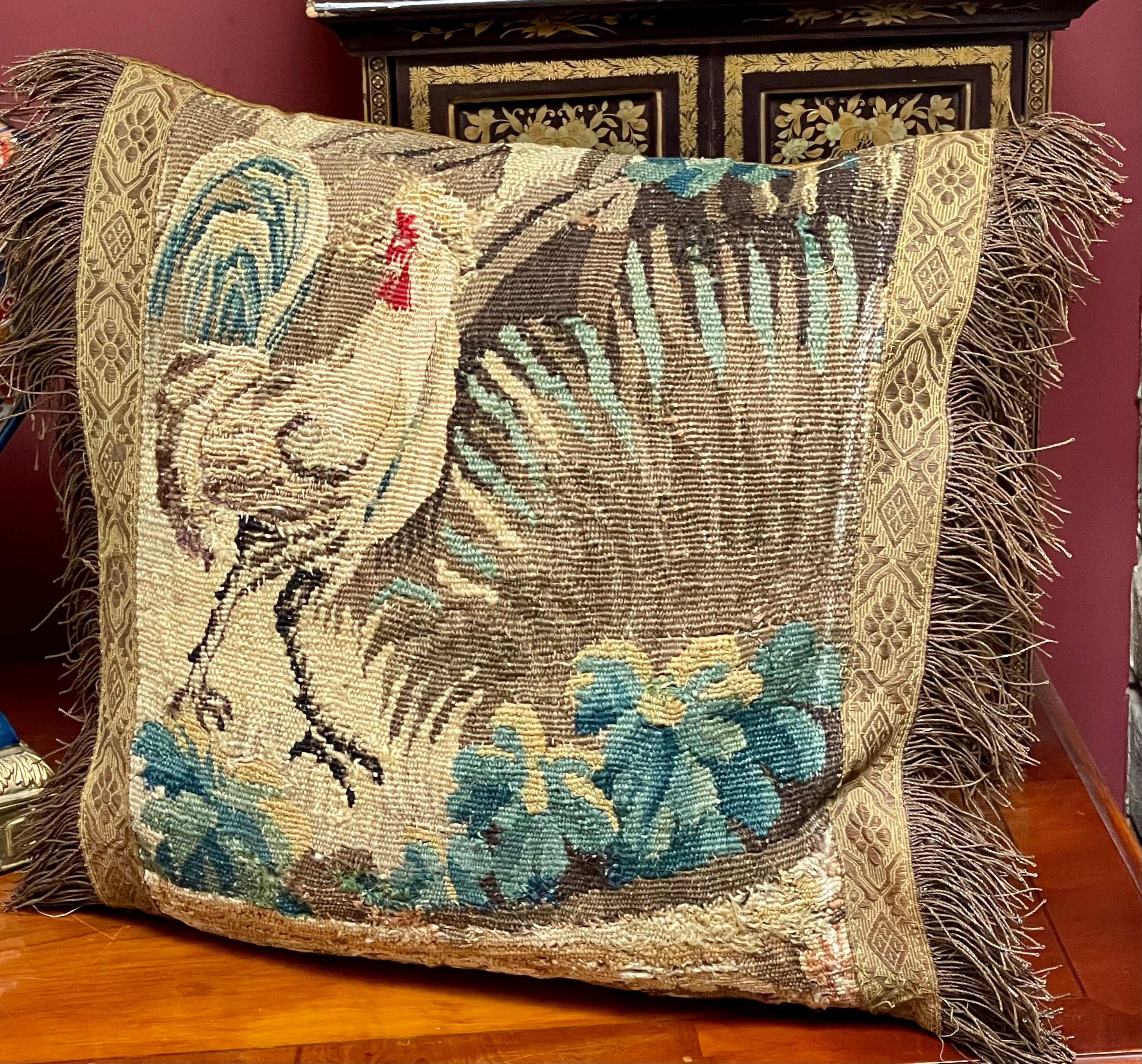 Antique Aubusson Tapestry Pillow COCKEREL