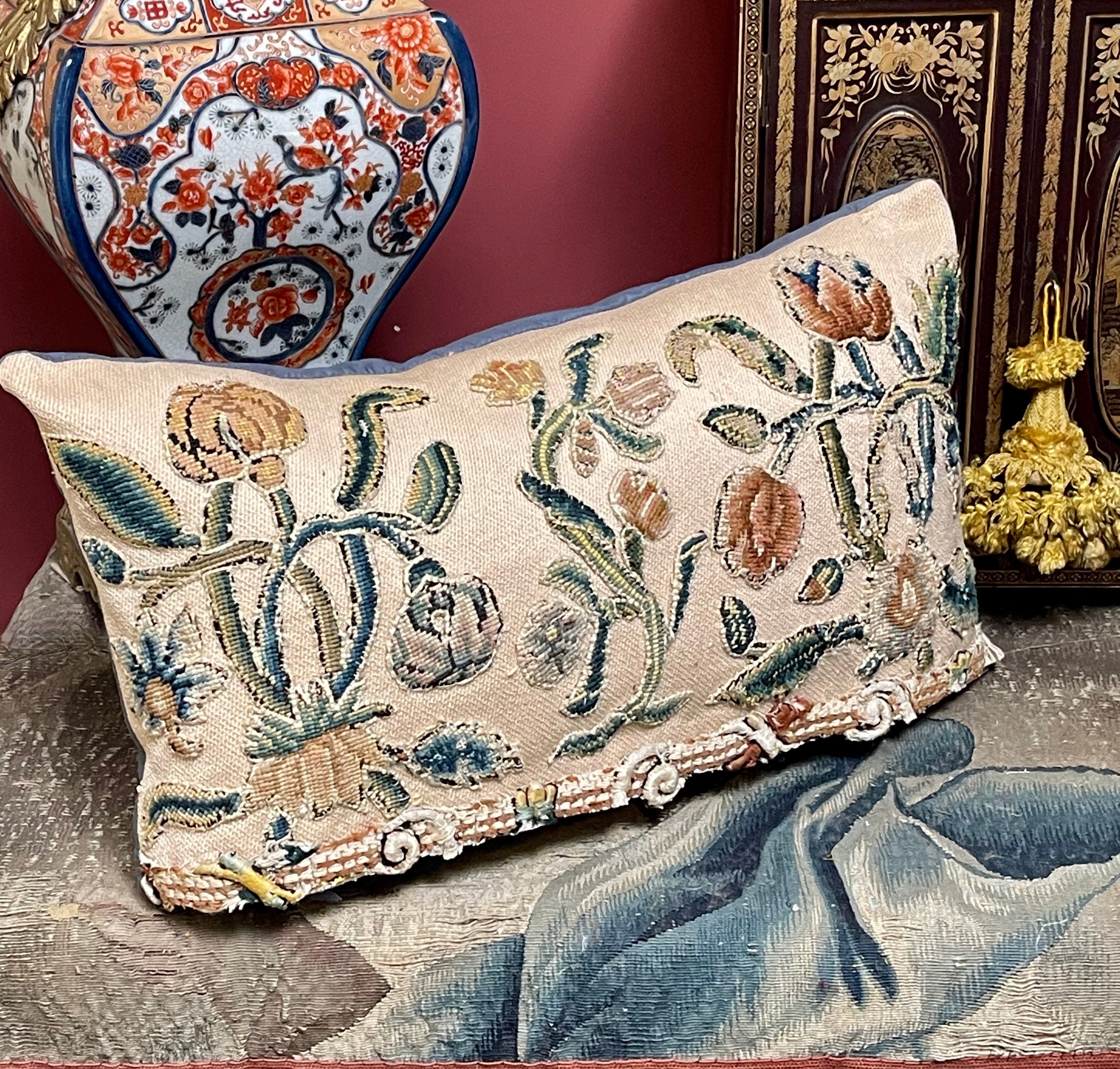 Antique English Crewelwork Pillows PAIR