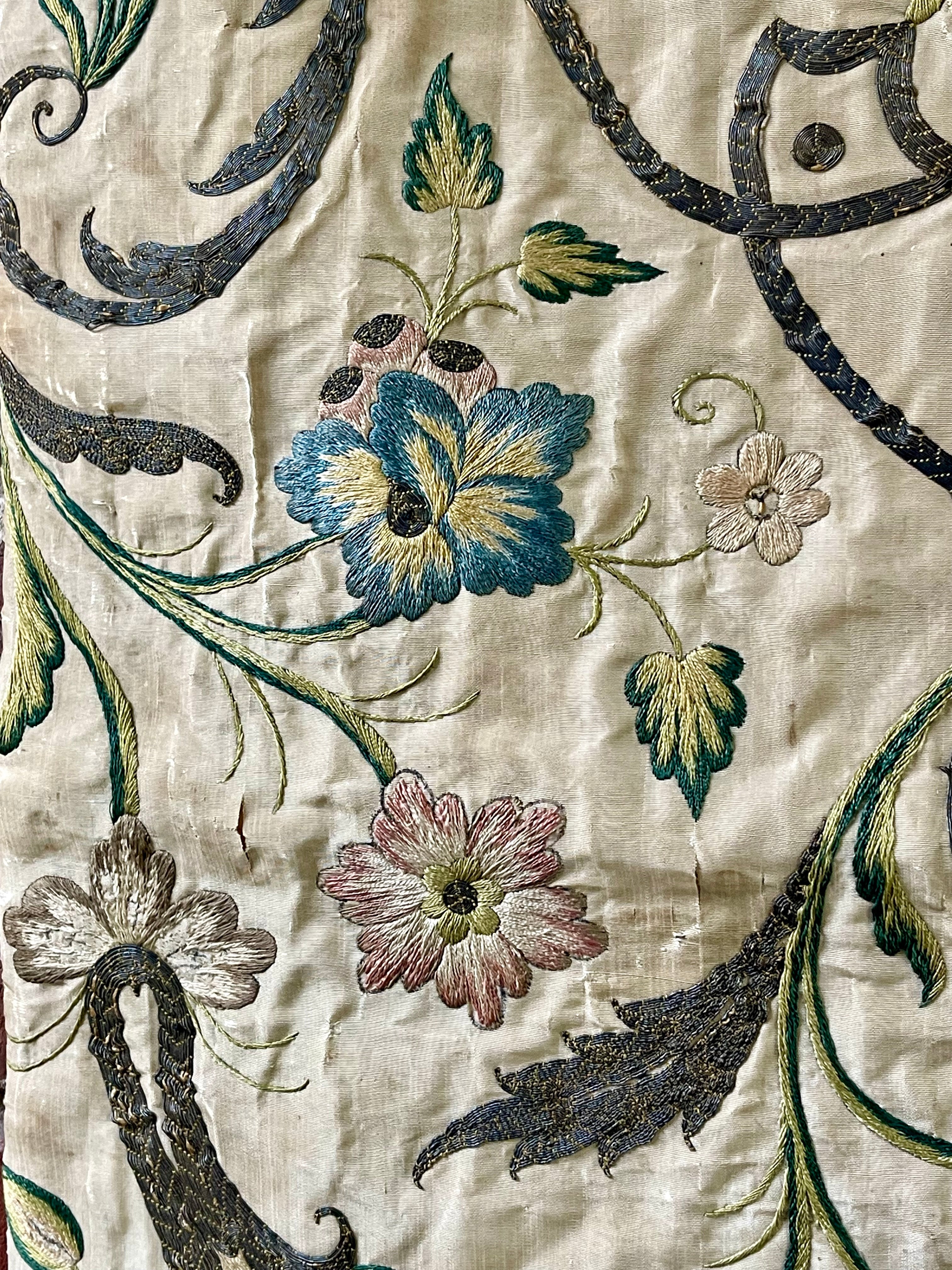 17th Century Embroidered Silk Panel