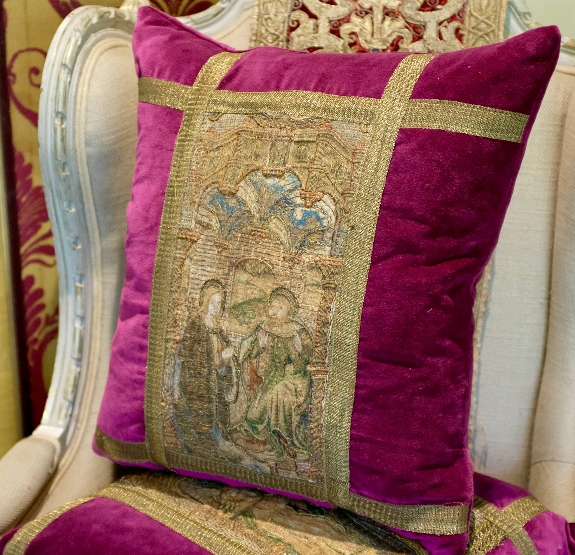 Hand Made Bespoke Pillows Medieval Embroidery Life of The Virgin