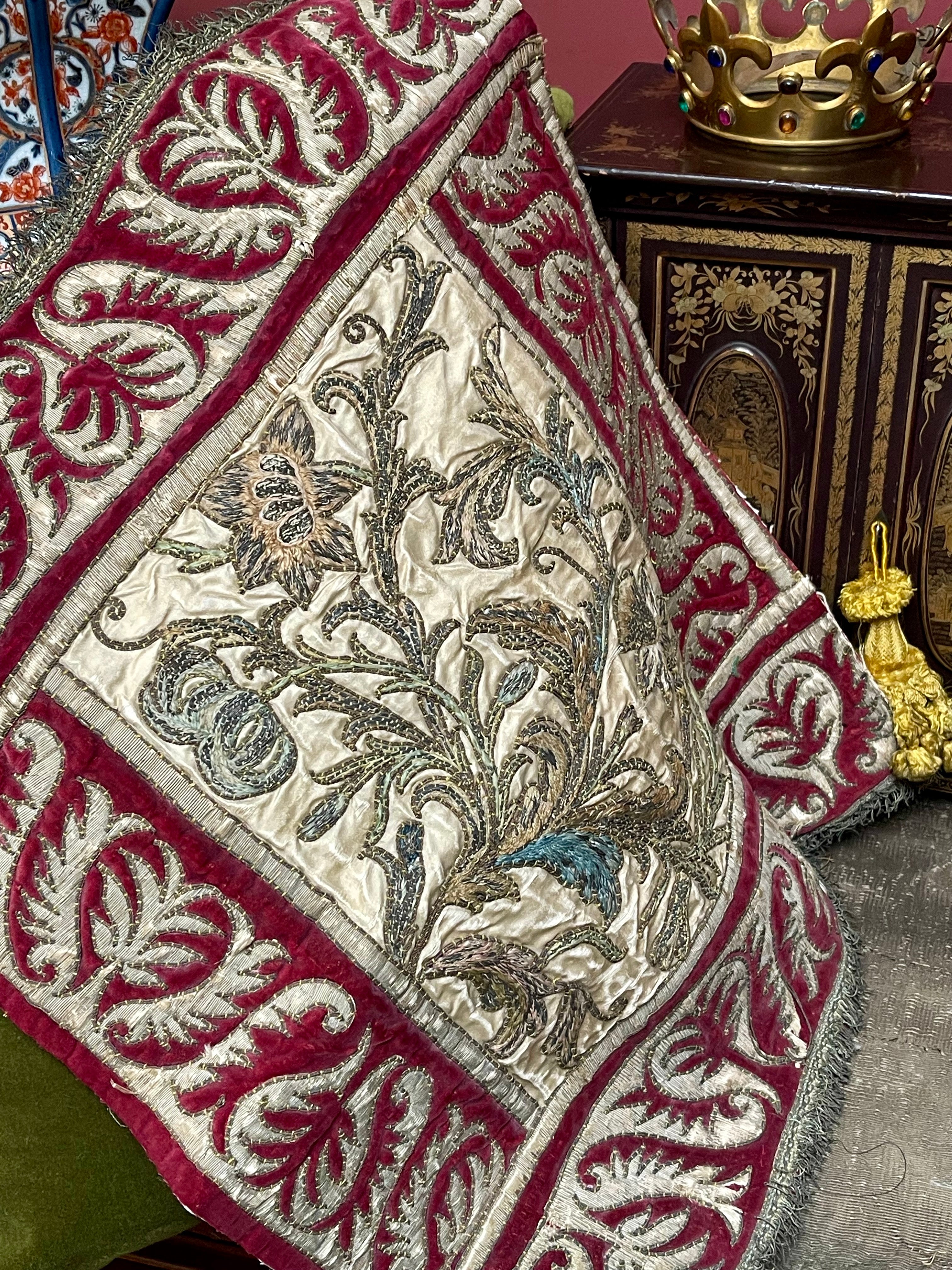 18th Century Embroidered Silk and Velvet Panel