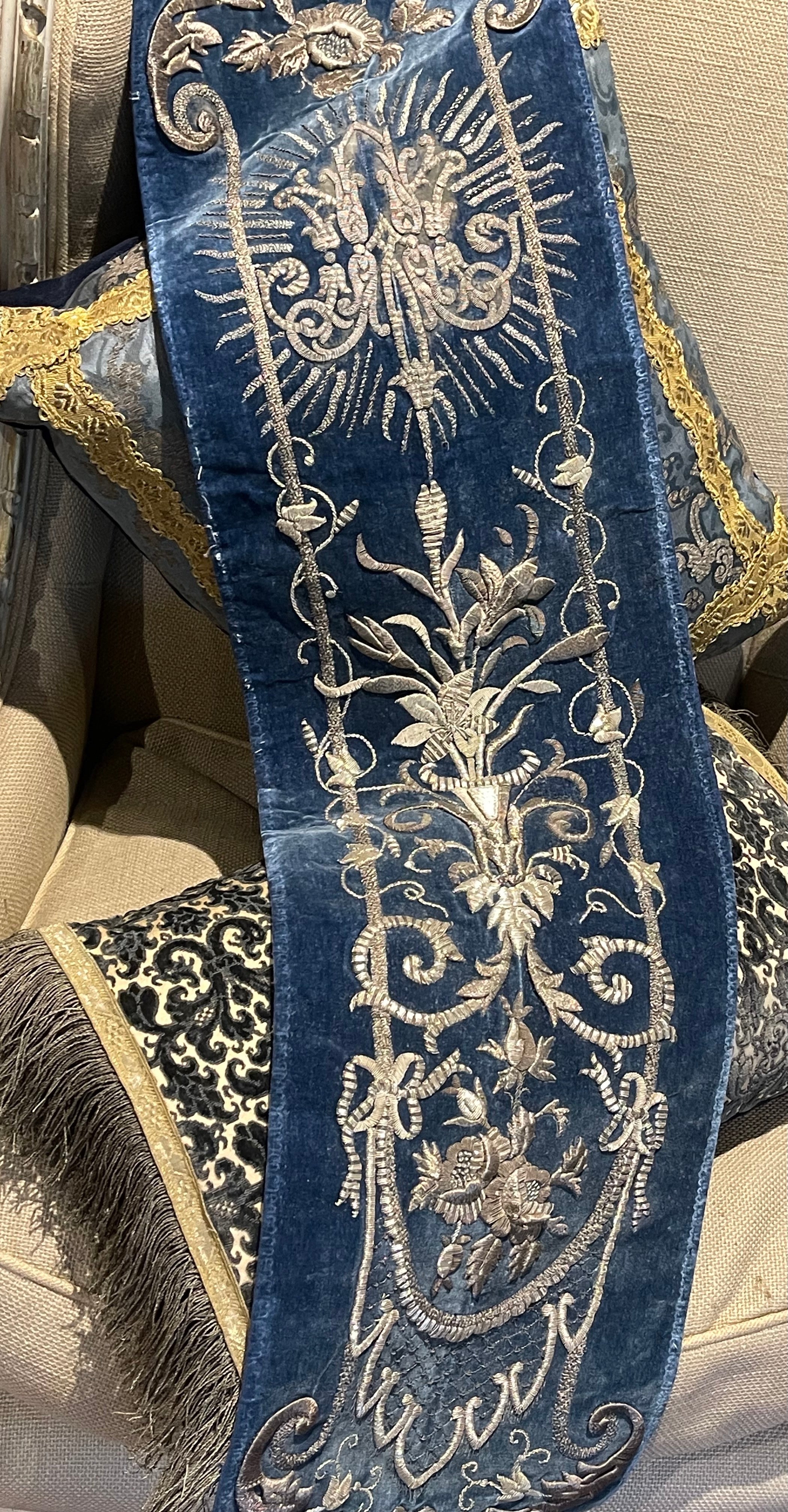 Antique Silver Metallic Embroidered Velvet Panel