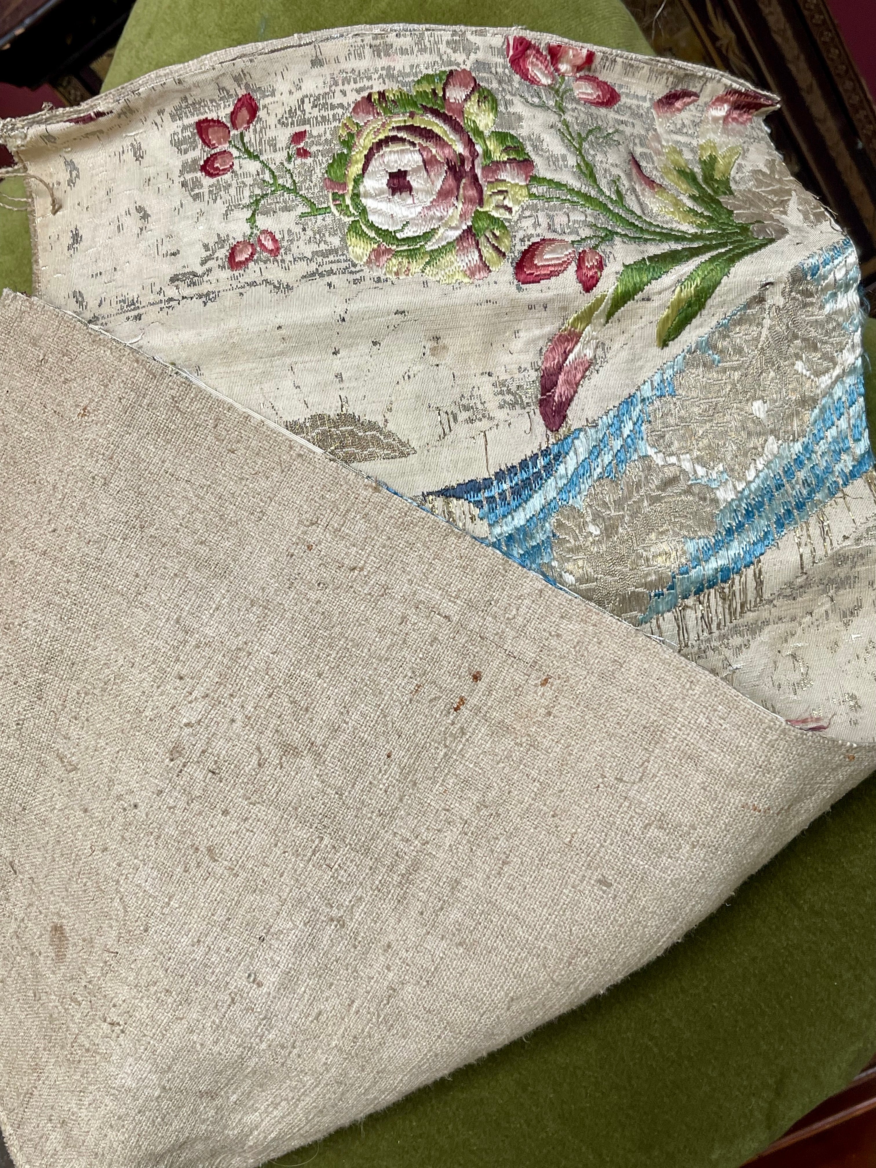 18th Century French Silk Brocade Silver Metal Threads