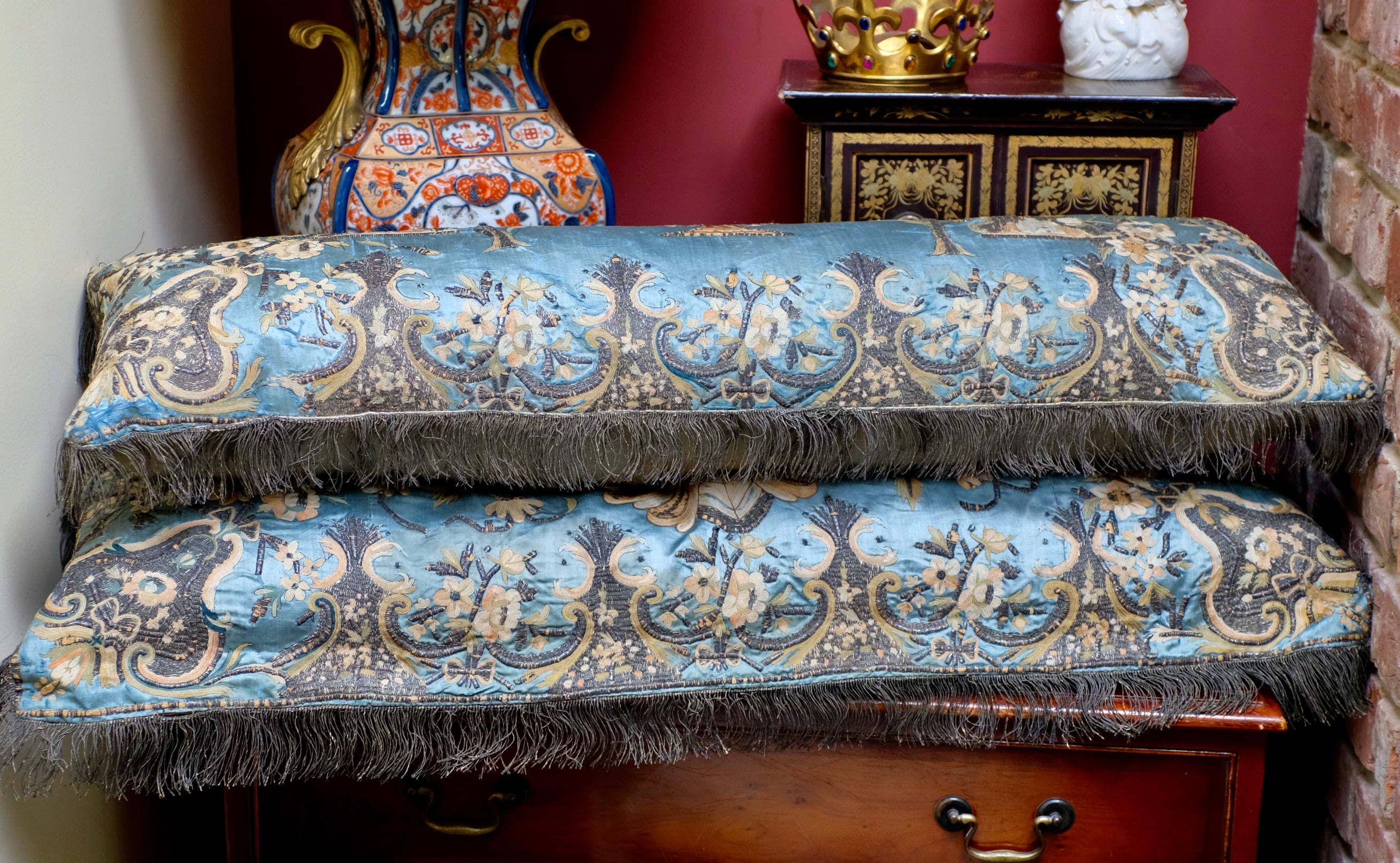 18th Century Ottoman Embroidery Bolster Pillows PAIR