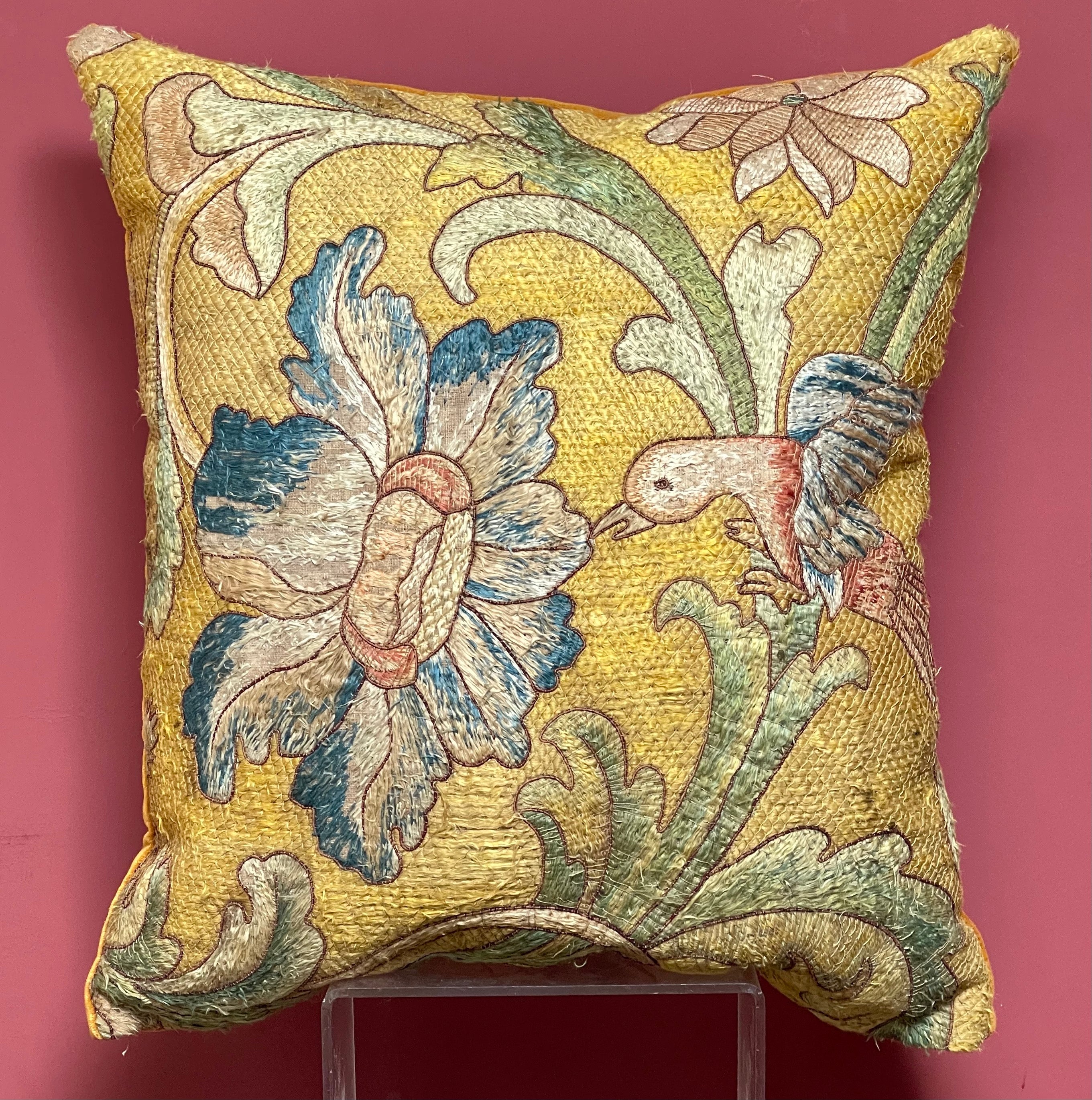 RESERVED For T   Antique Pillow 17th Century Silk Floss Embroidery BIRD