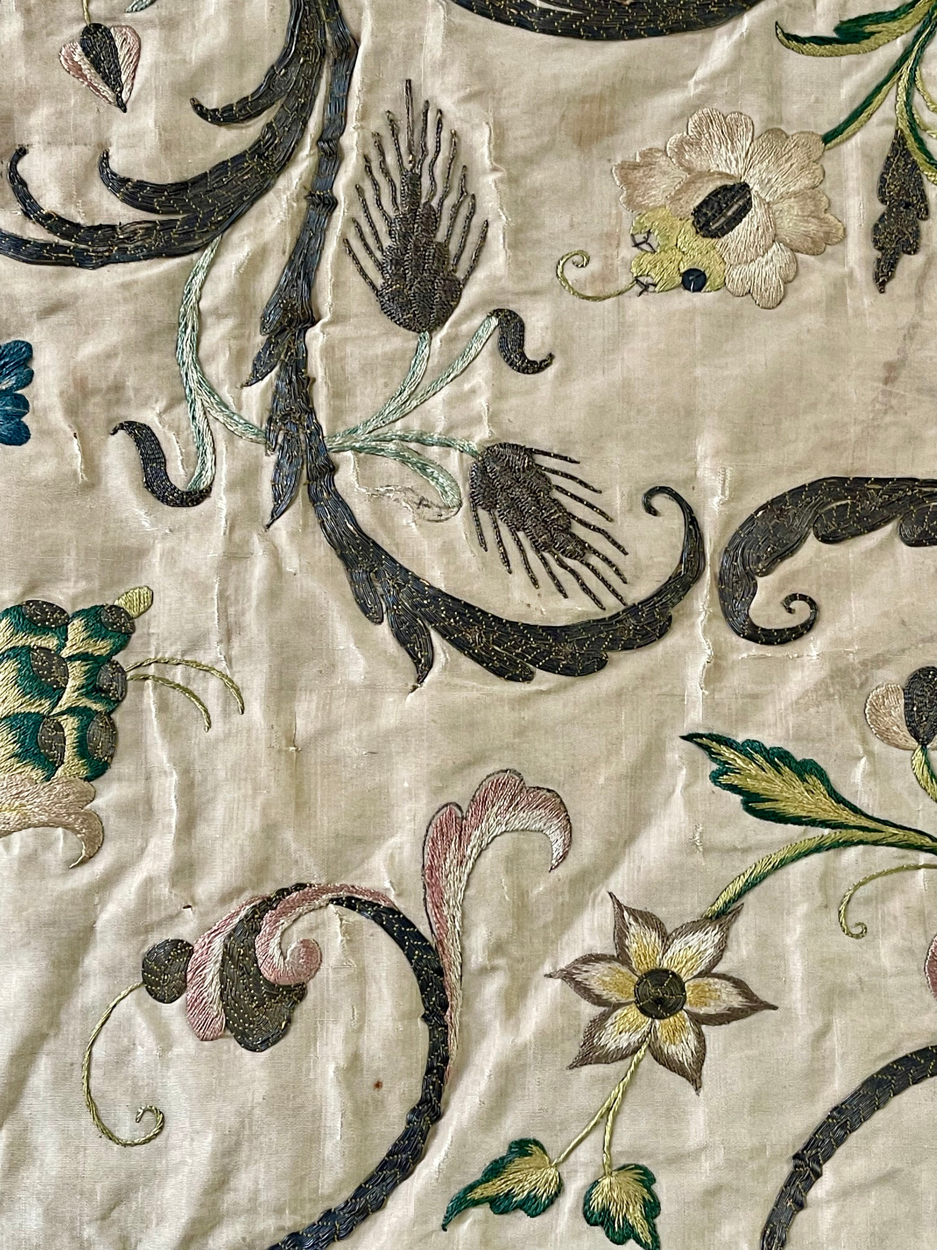 17th Century Embroidered Silk Panel