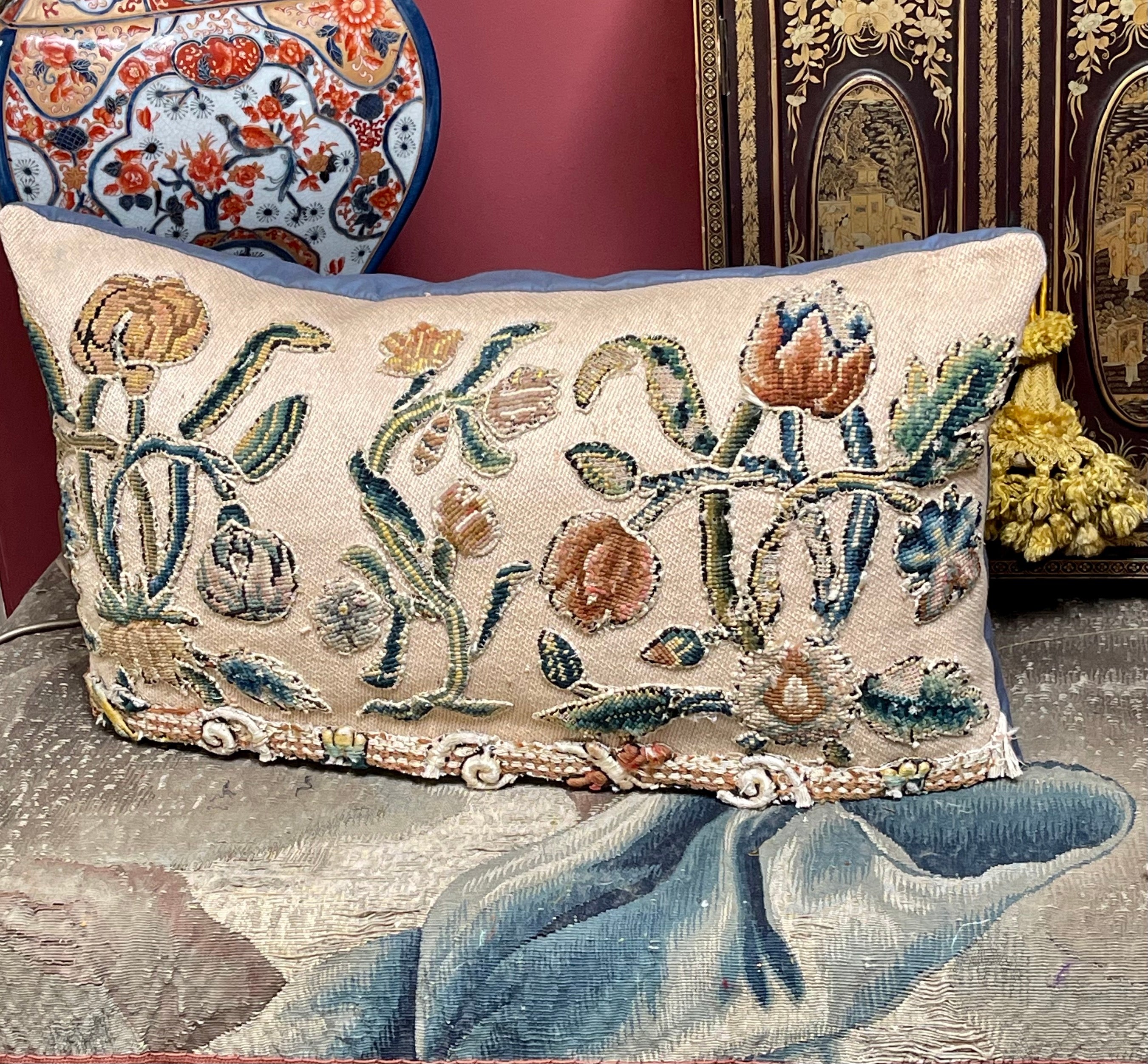 Antique English Crewelwork Pillows PAIR