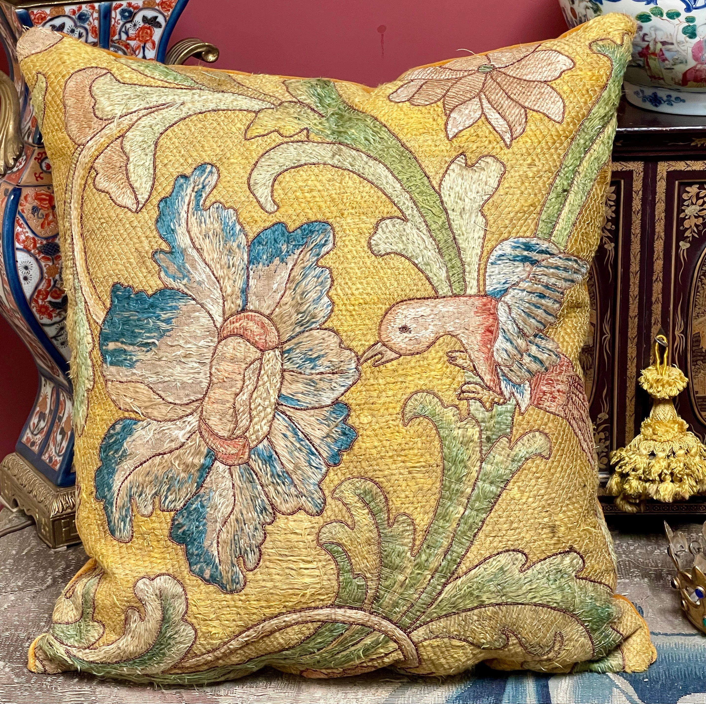 RESERVED For T   Antique Pillow 17th Century Silk Floss Embroidery BIRD