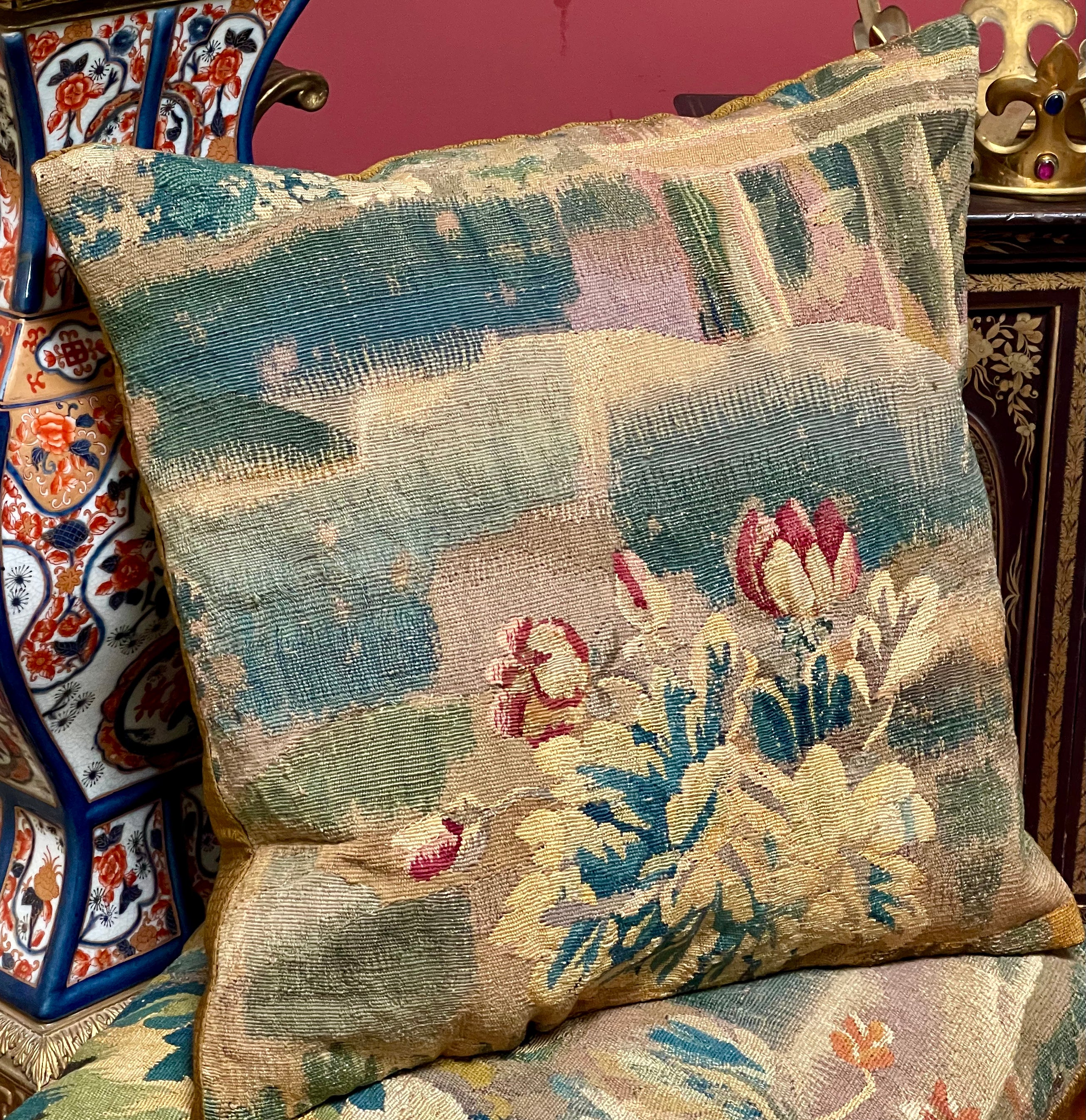 Antique Aubusson Tapestry Cushion  TULIPS