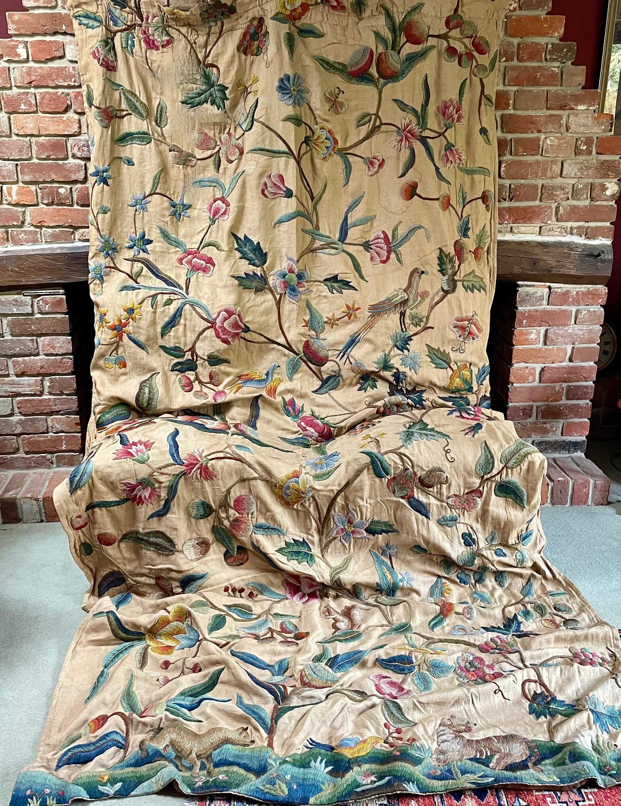 Antique Crewelwork Drape Jacobean Tree of Life Design