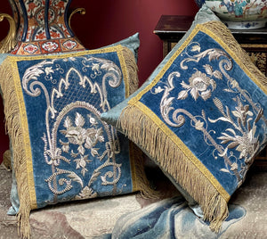 Antique Cushions Blue Velvet Silver Metallic Embroidery PAIR