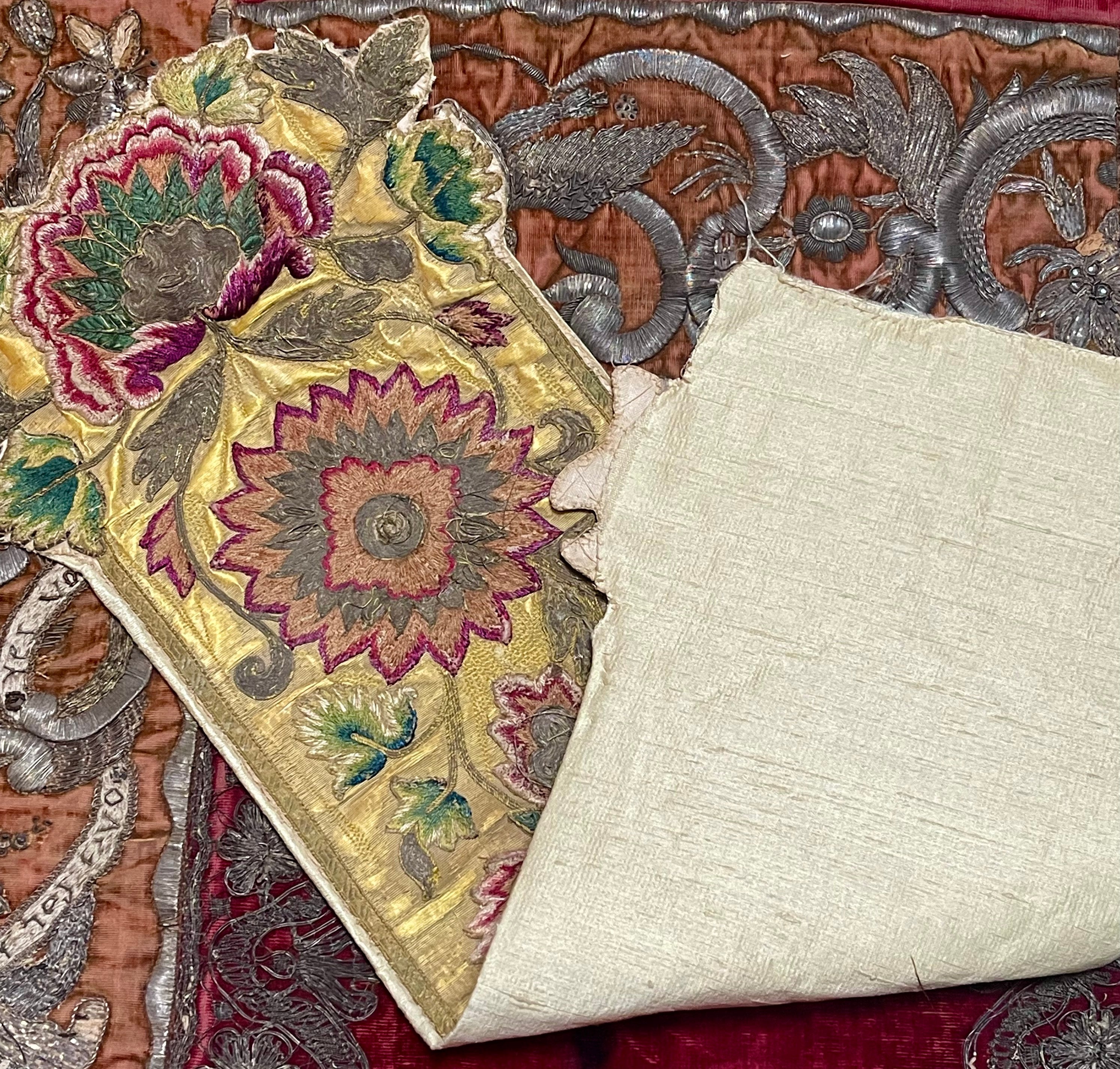 18th Century Needlework Italian Baroque Embroidery Ottoman Flowers