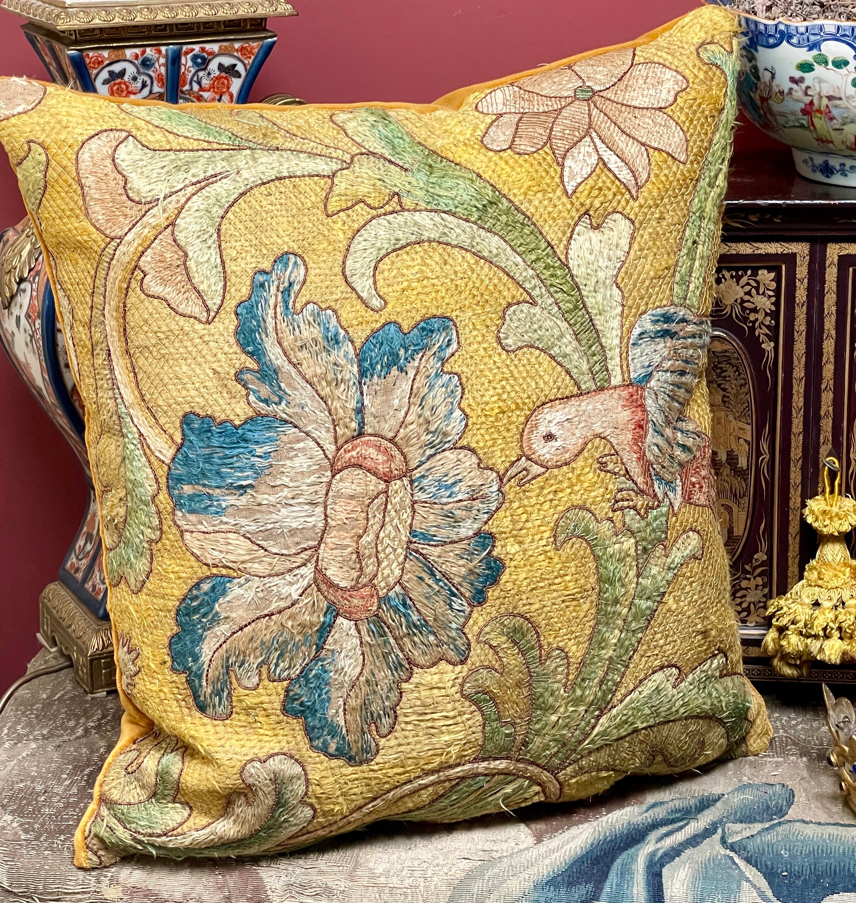 RESERVED For T   Antique Pillow 17th Century Silk Floss Embroidery BIRD