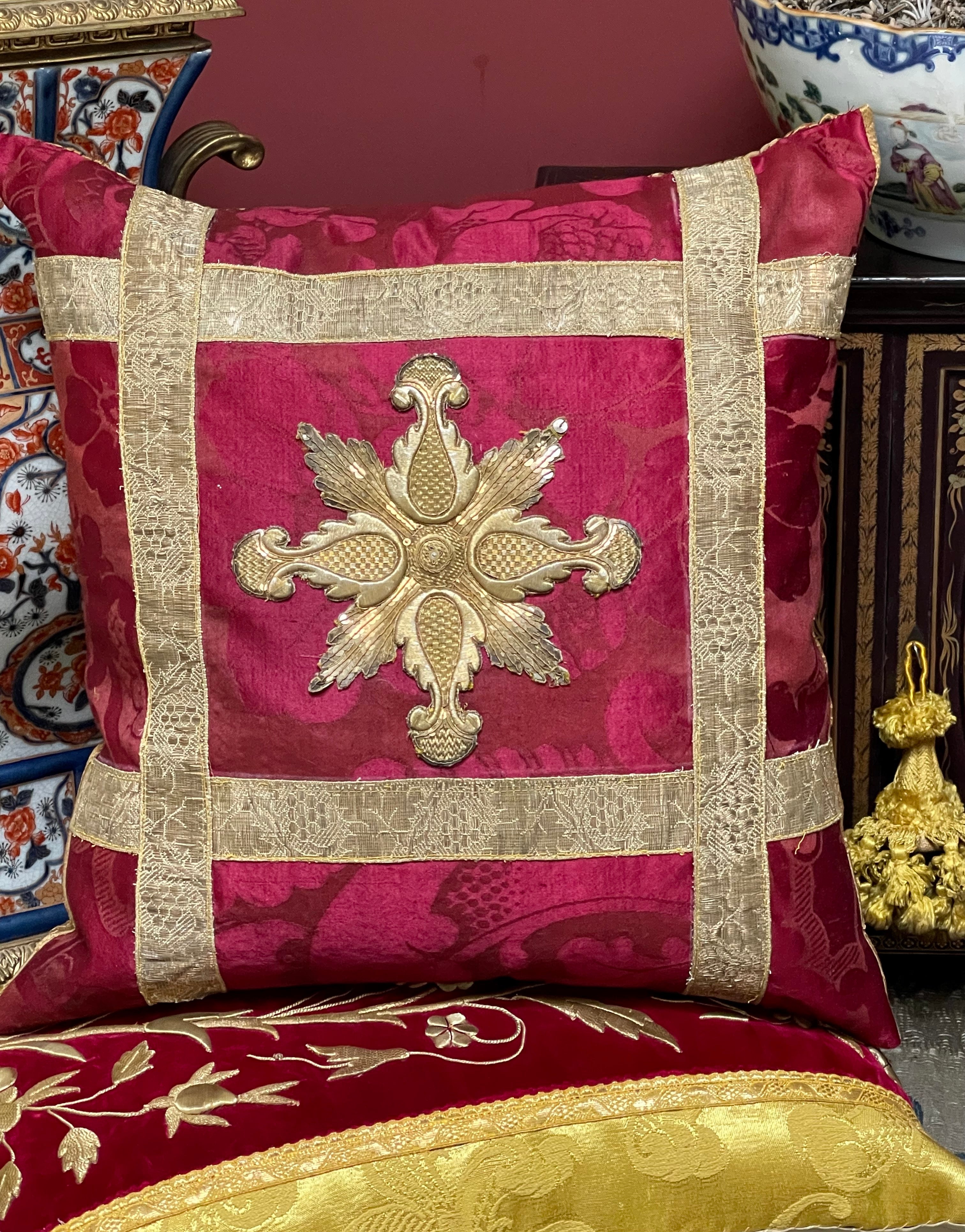 Antique Silk Pillow Gold Metallic Applique