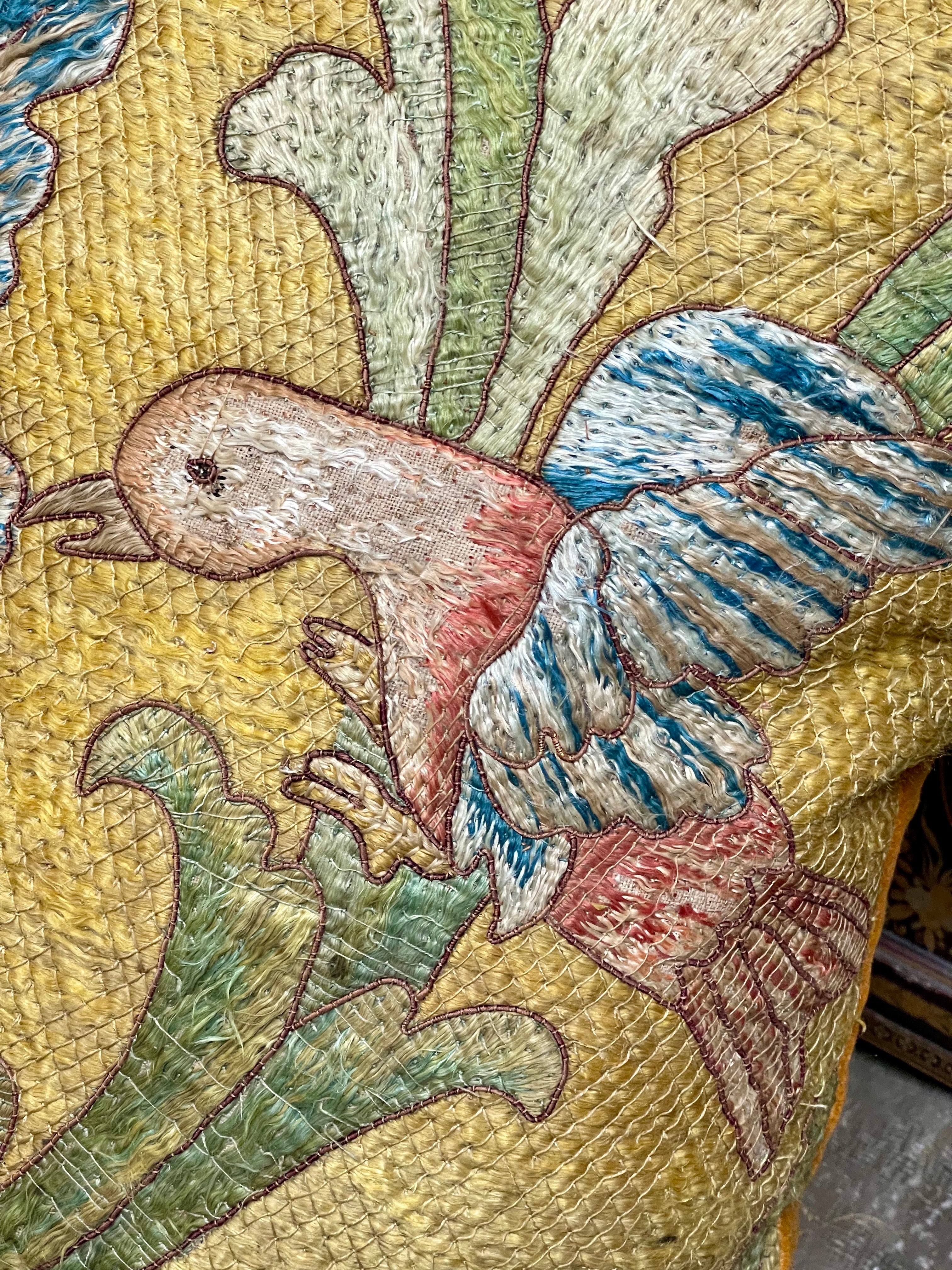 RESERVED For T   Antique Pillow 17th Century Silk Floss Embroidery BIRD