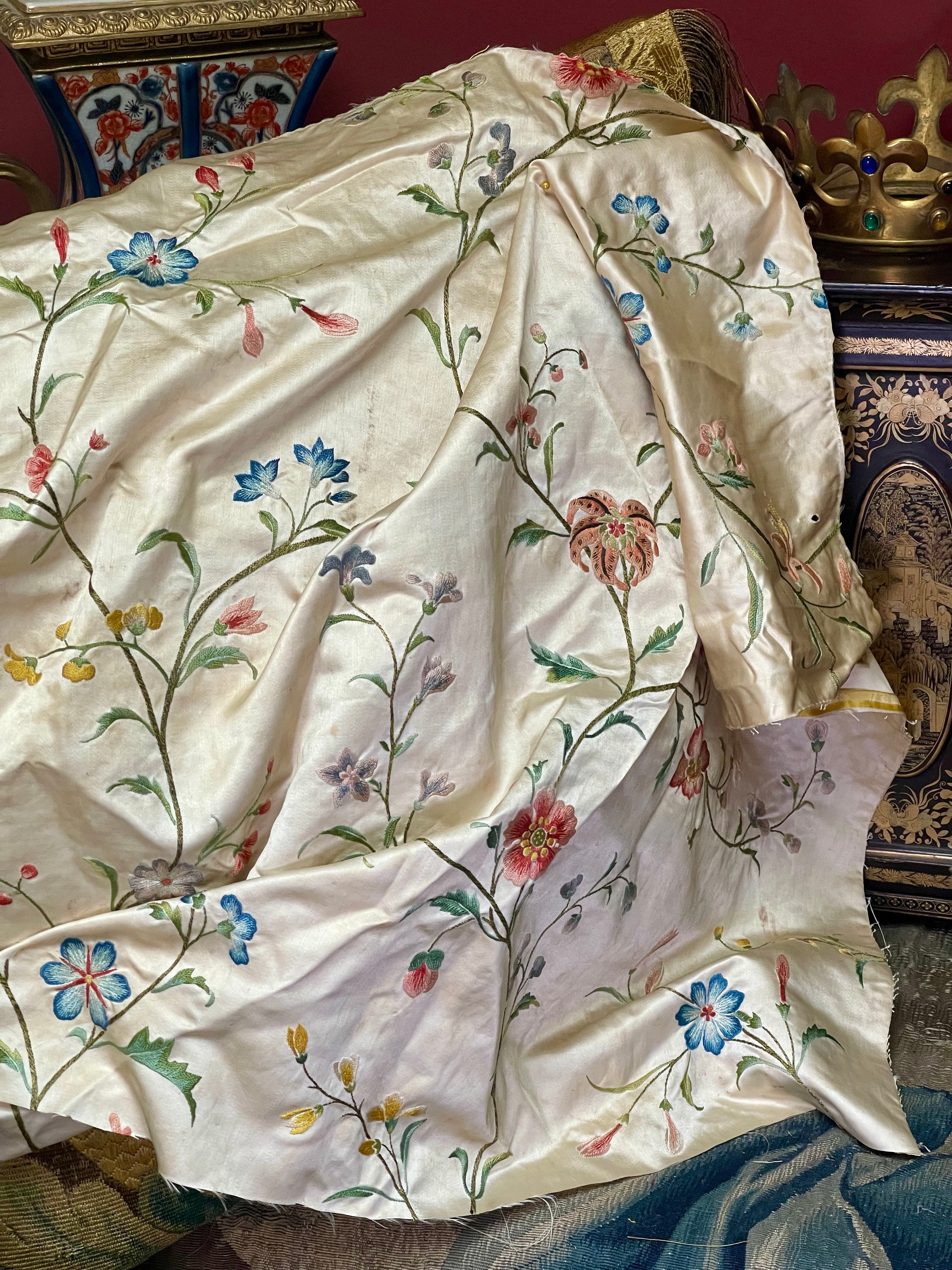 18th Century French Embroidered Silk Dress Panel