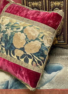 Antique Pillow 17th Century Velvet and Aubusson Tapestry