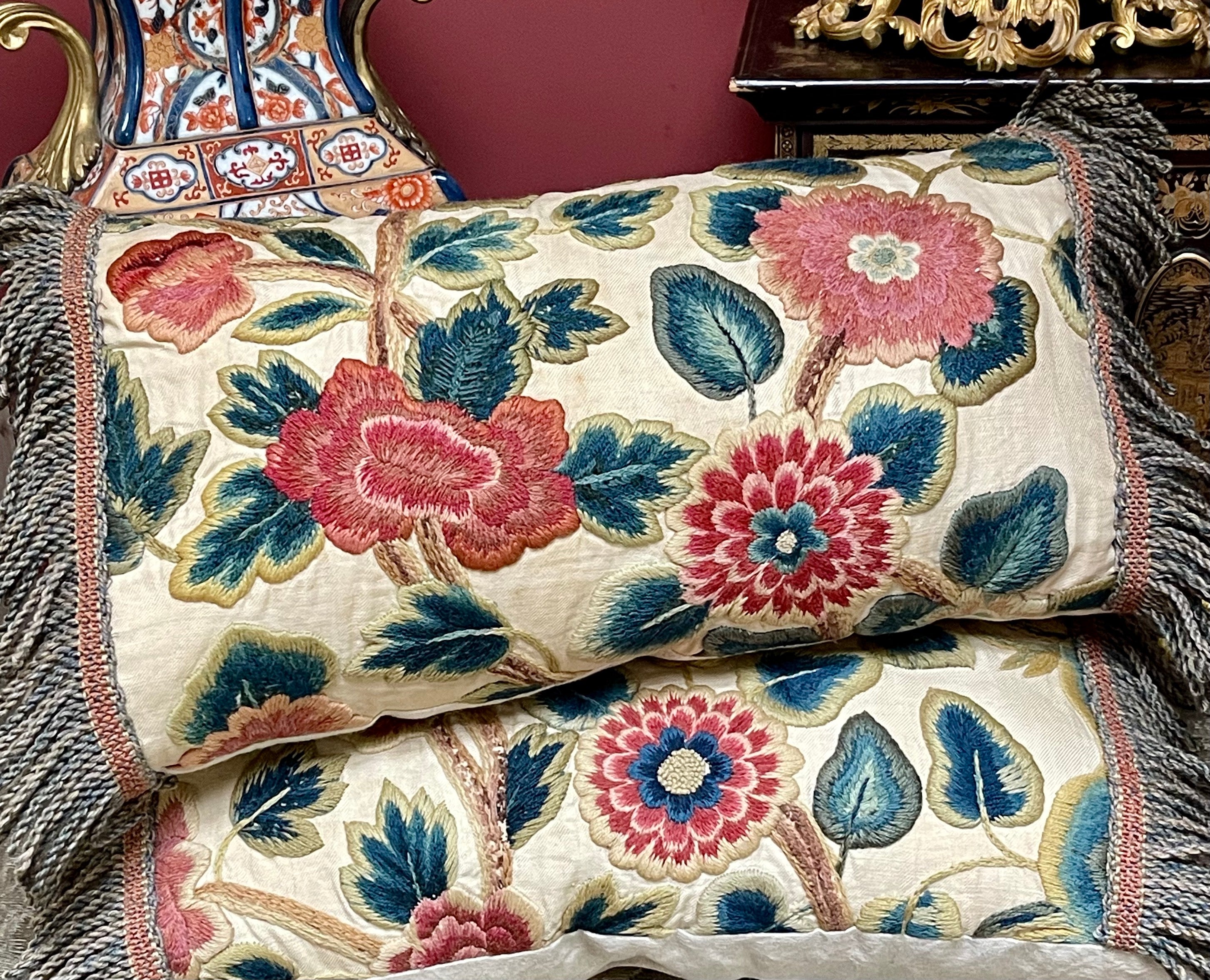 Antique Crewelwork Pillows Pair