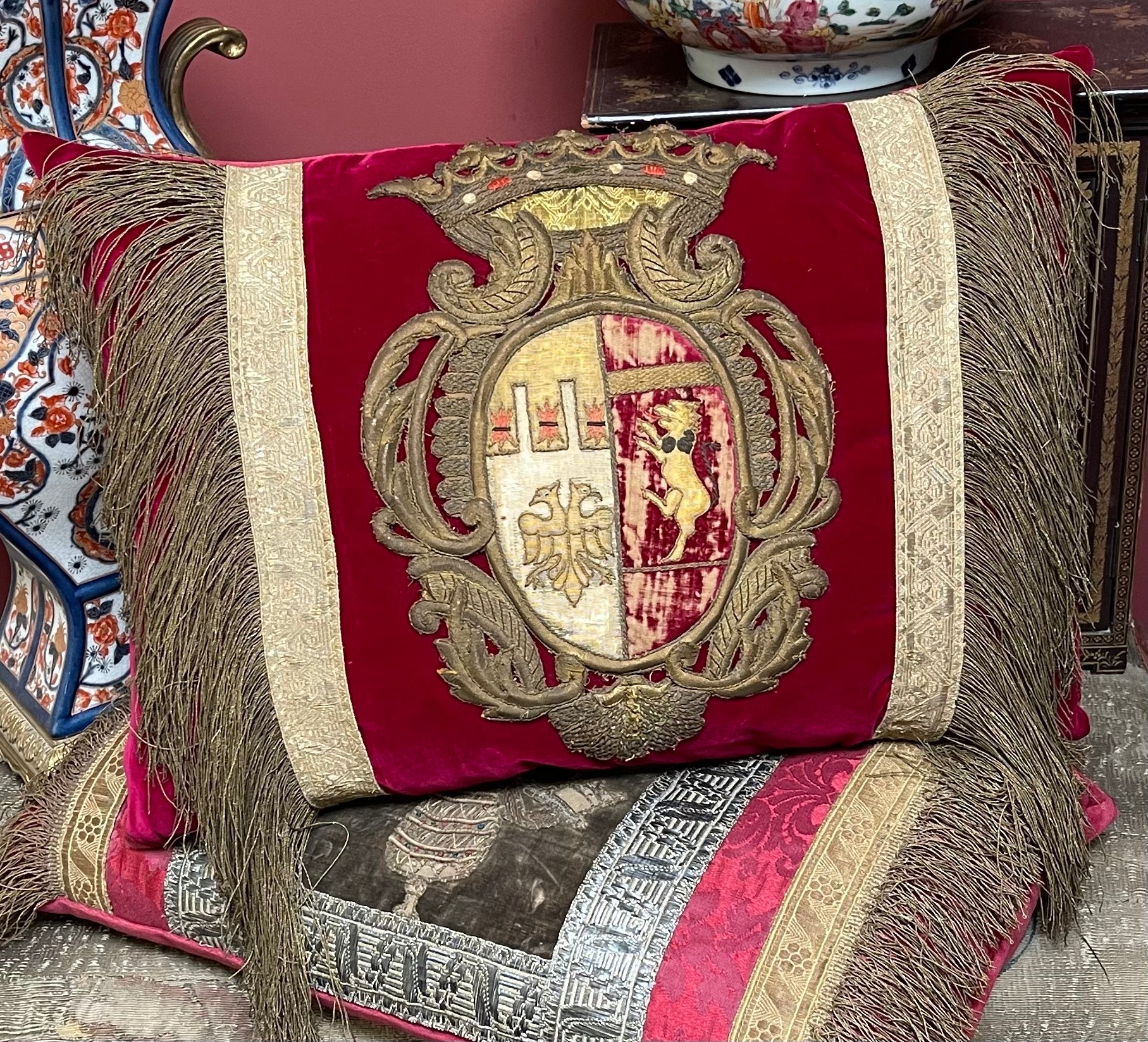 Antique Embroidered Coat of Arms Pillow