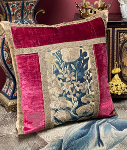 Antique Pillow 17th Century Velvet and Aubusson Tapestry