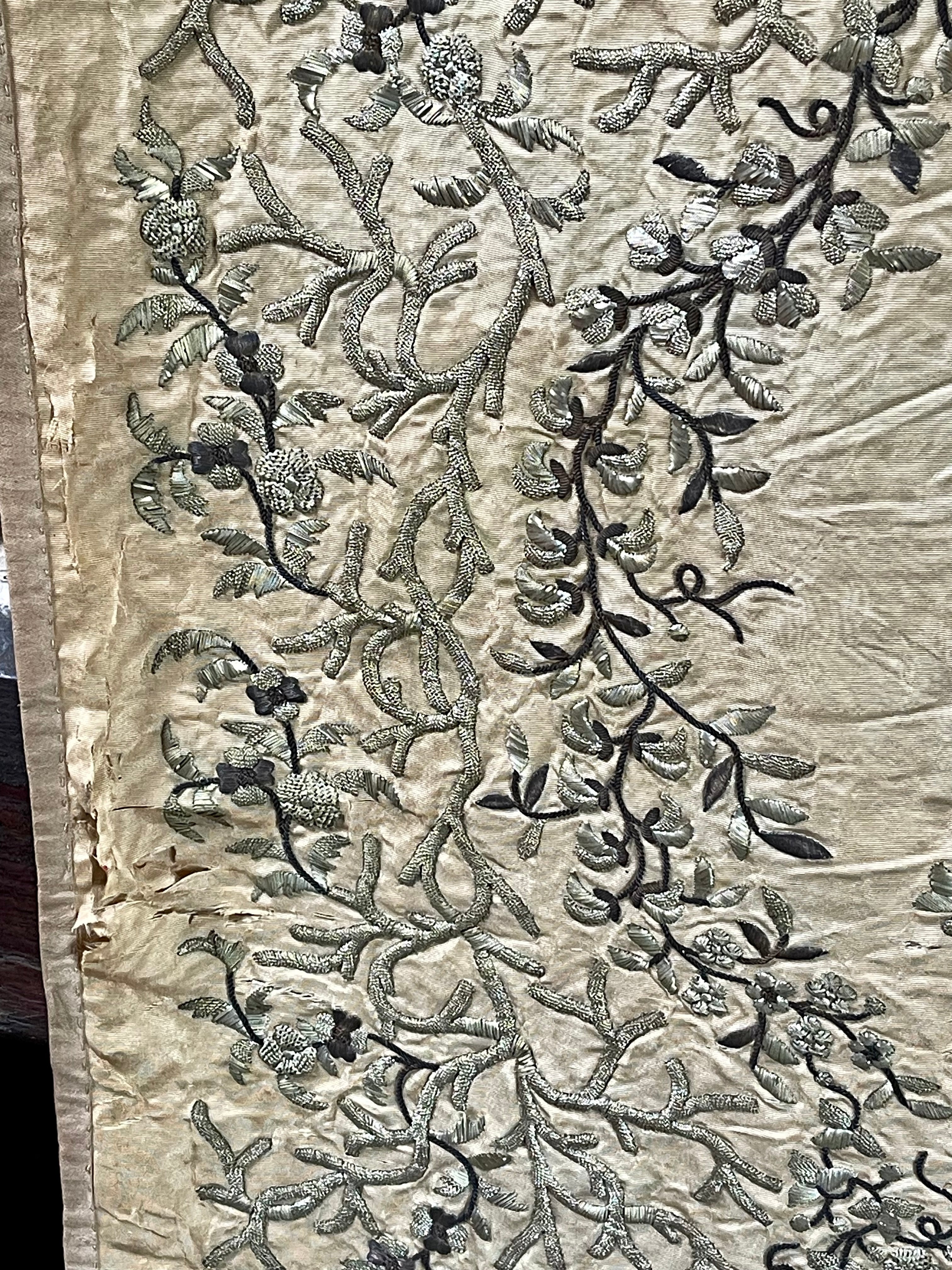 Antique Silk Wall Hanging Silver Metal Embroidery