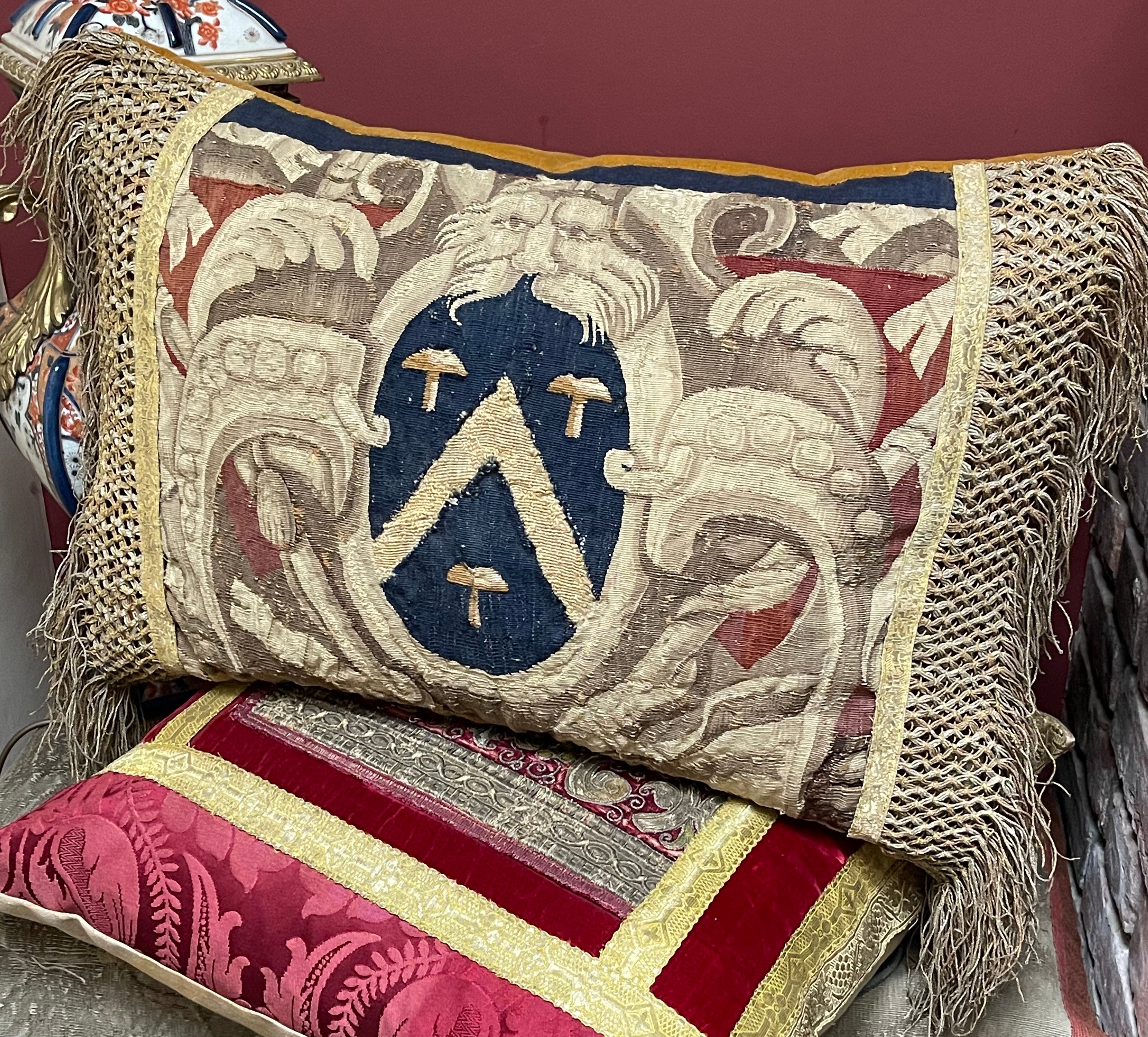 Antique Aubusson Tapestry Armorial Pillow