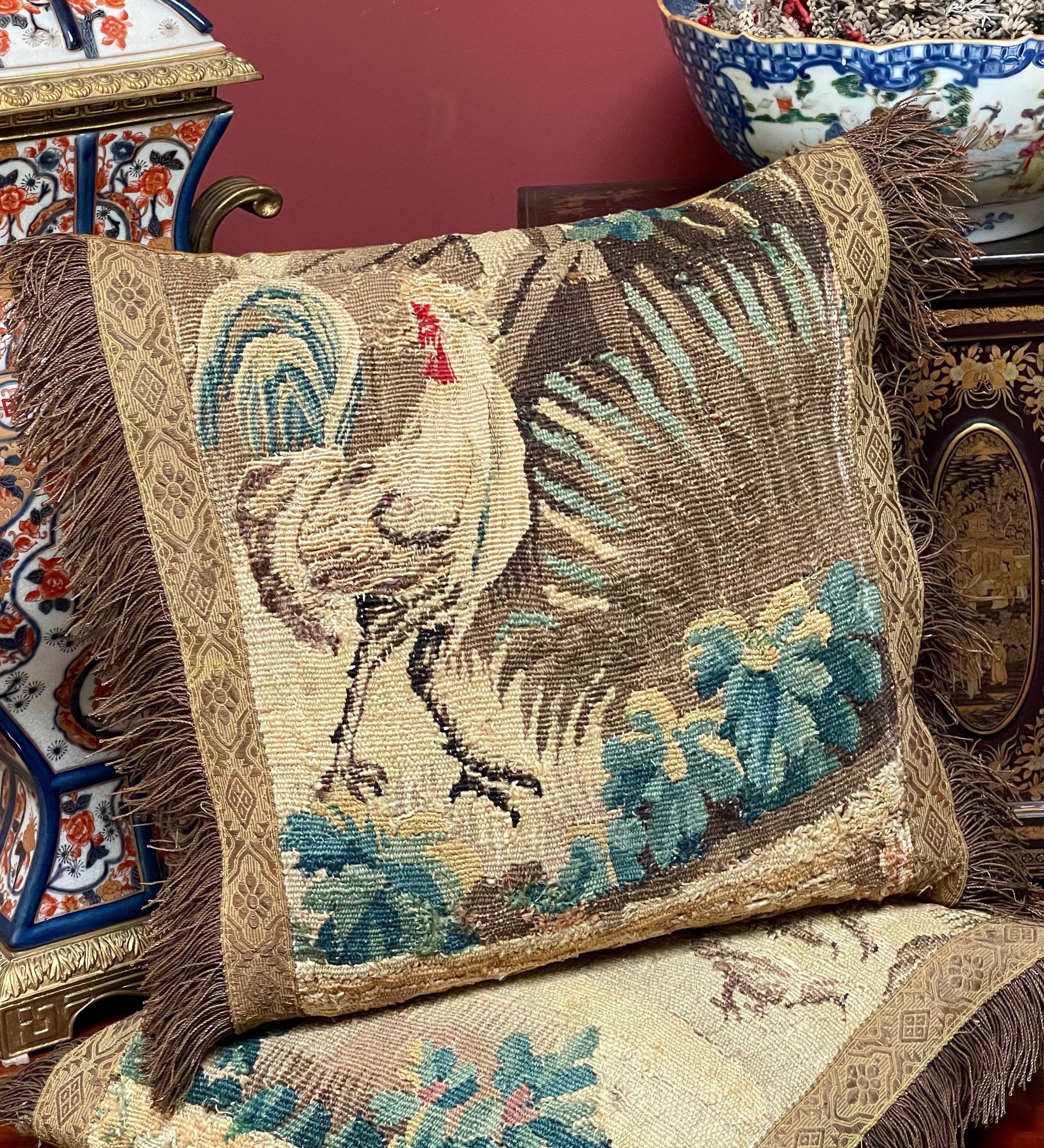 Antique Aubusson Tapestry Pillow COCKEREL