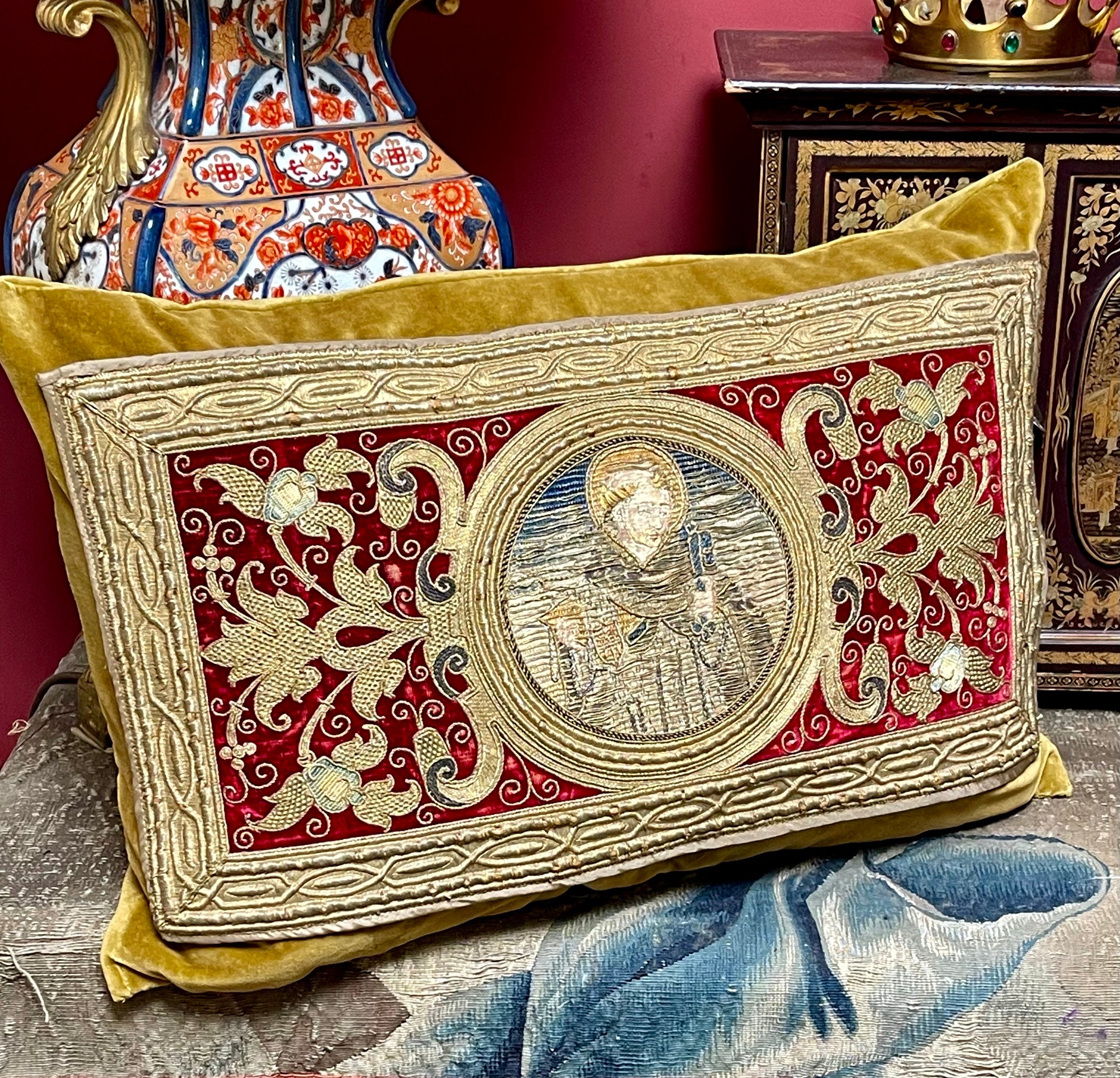 Antique Pillow 16th Century Embroidery Roundel St Peter