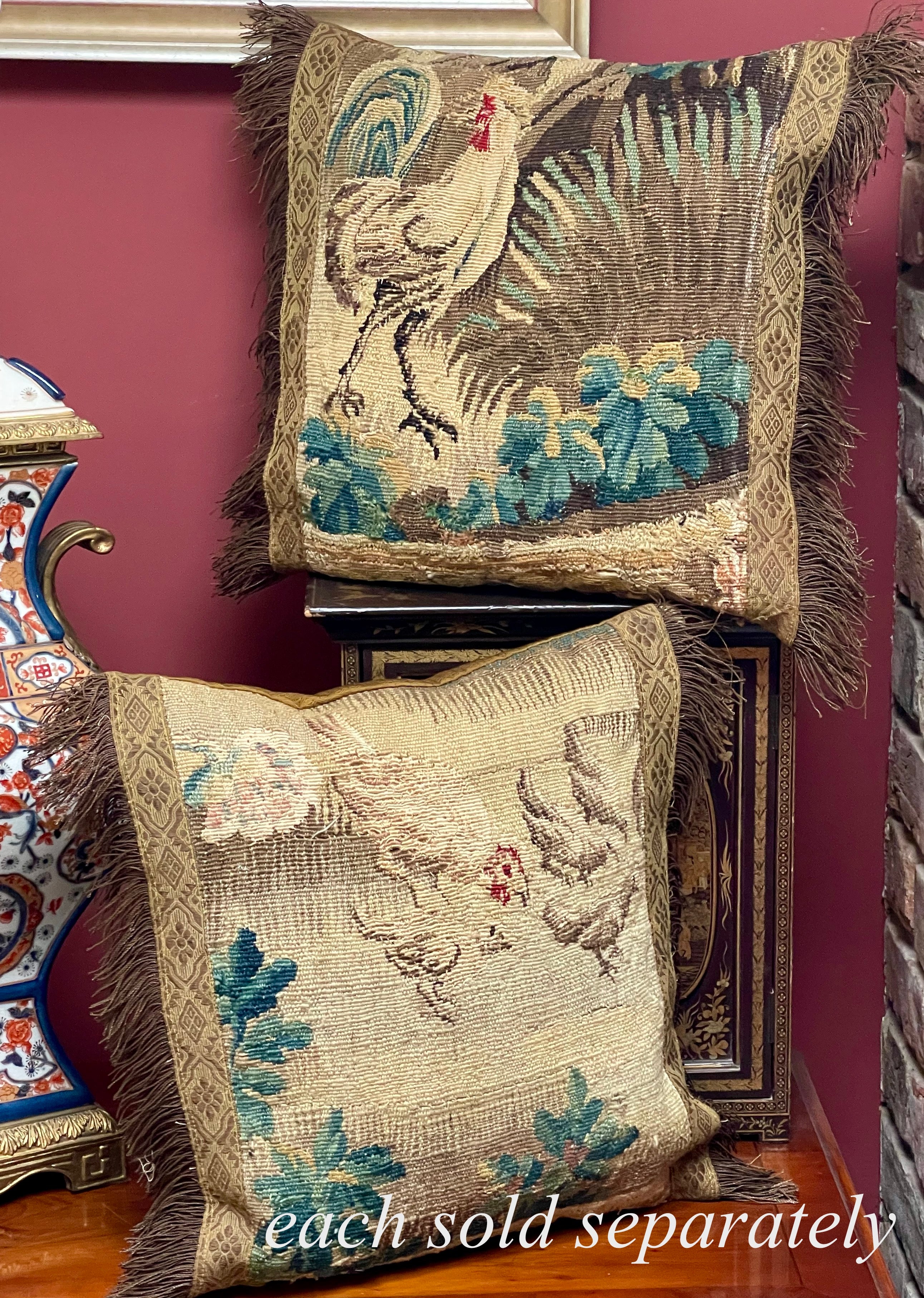 Antique Aubusson Tapestry Pillow COCKEREL