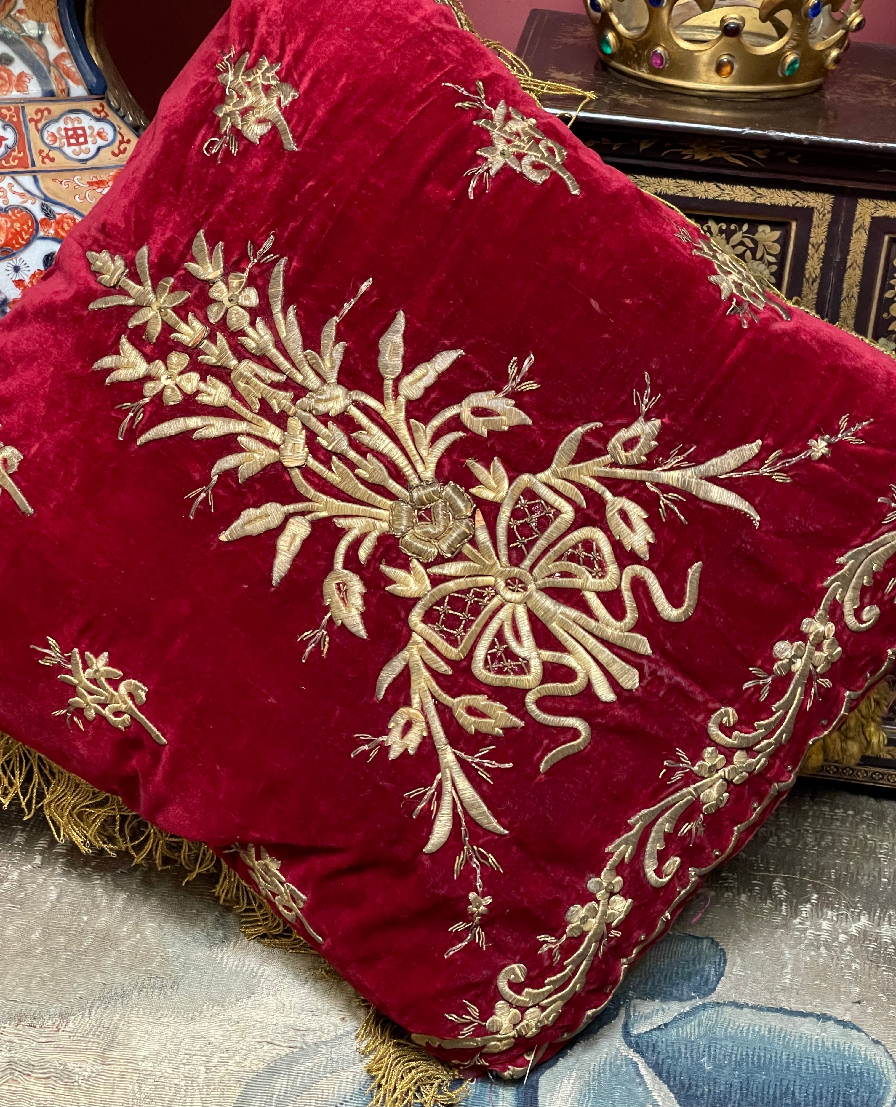 Antique Pillow Ottoman Goldwork Silk Velvet