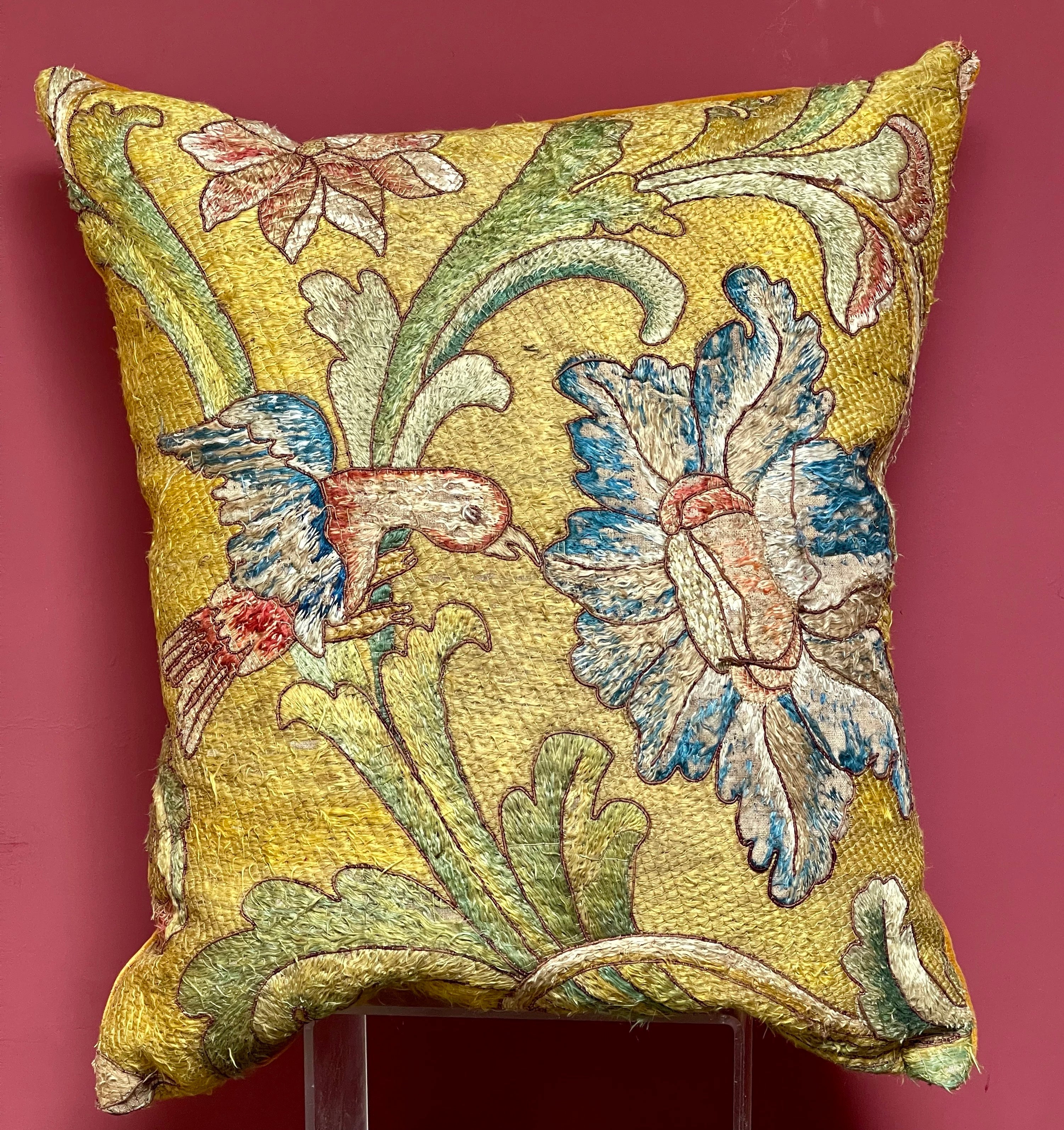 Antique Cushion 17th Century Embroidery BIRD