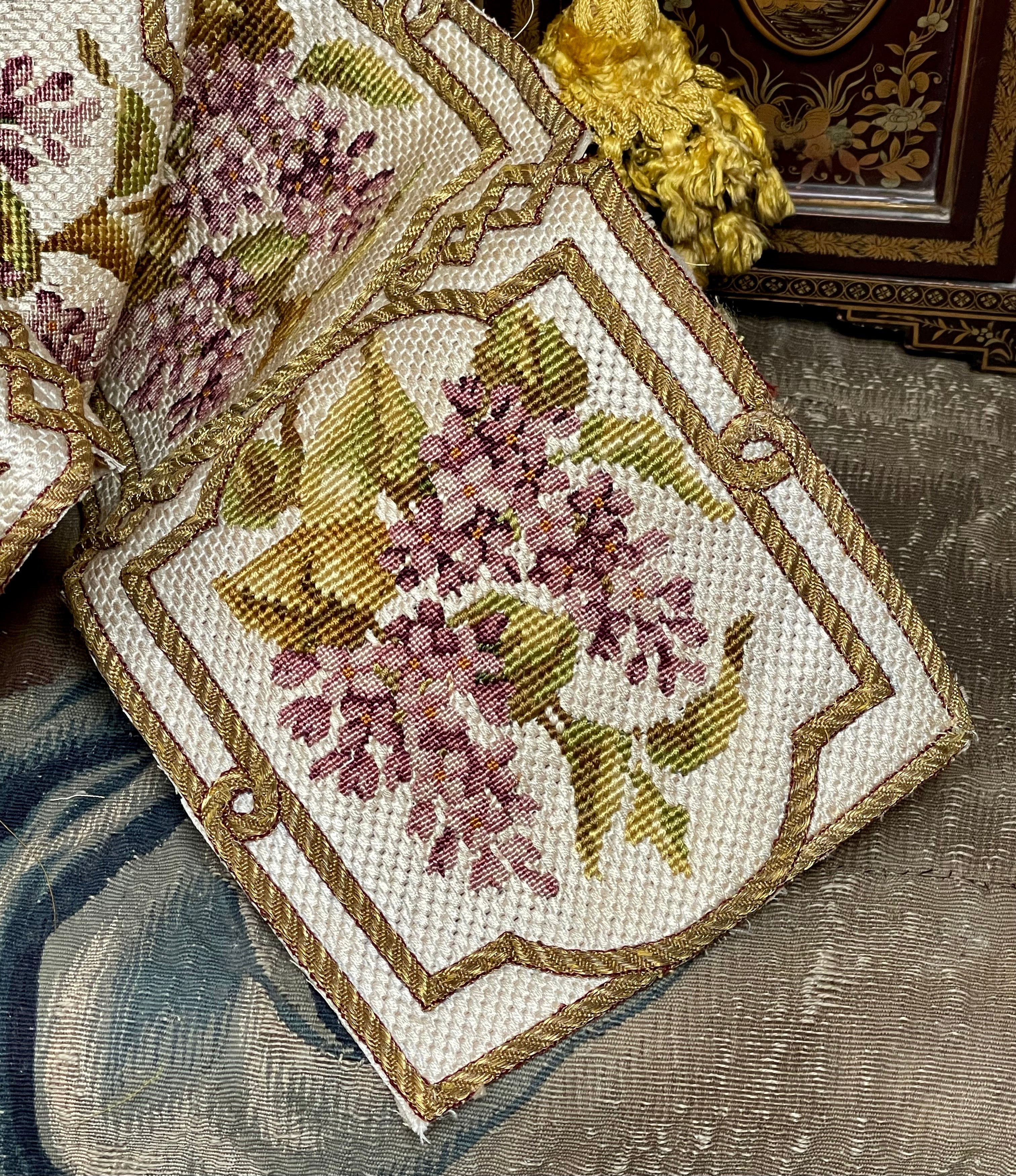 Antique French Silk Embroidered Panel Lilacs