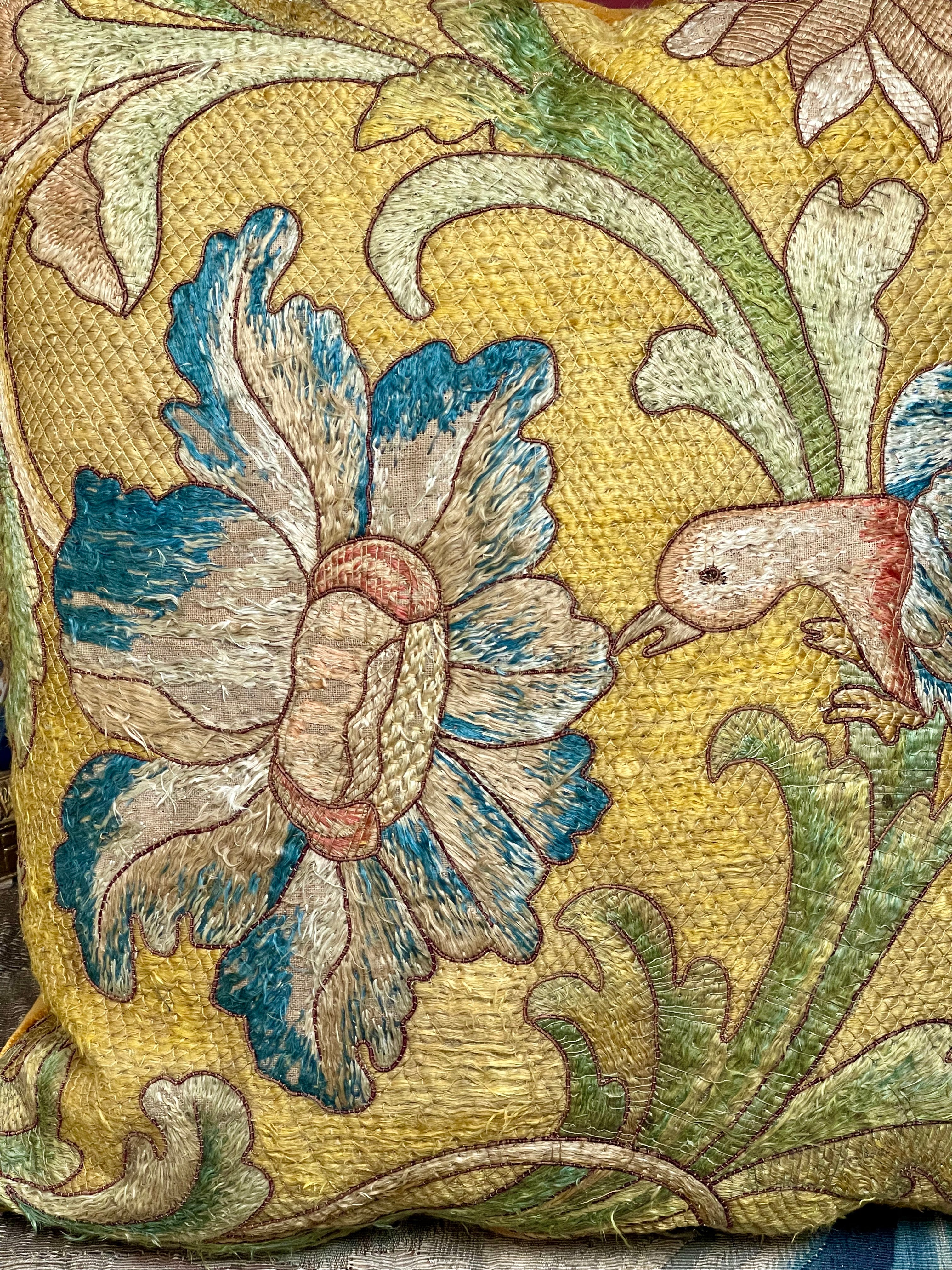 Antique Pillow 17th Century Silk Floss Embroidery BIRD