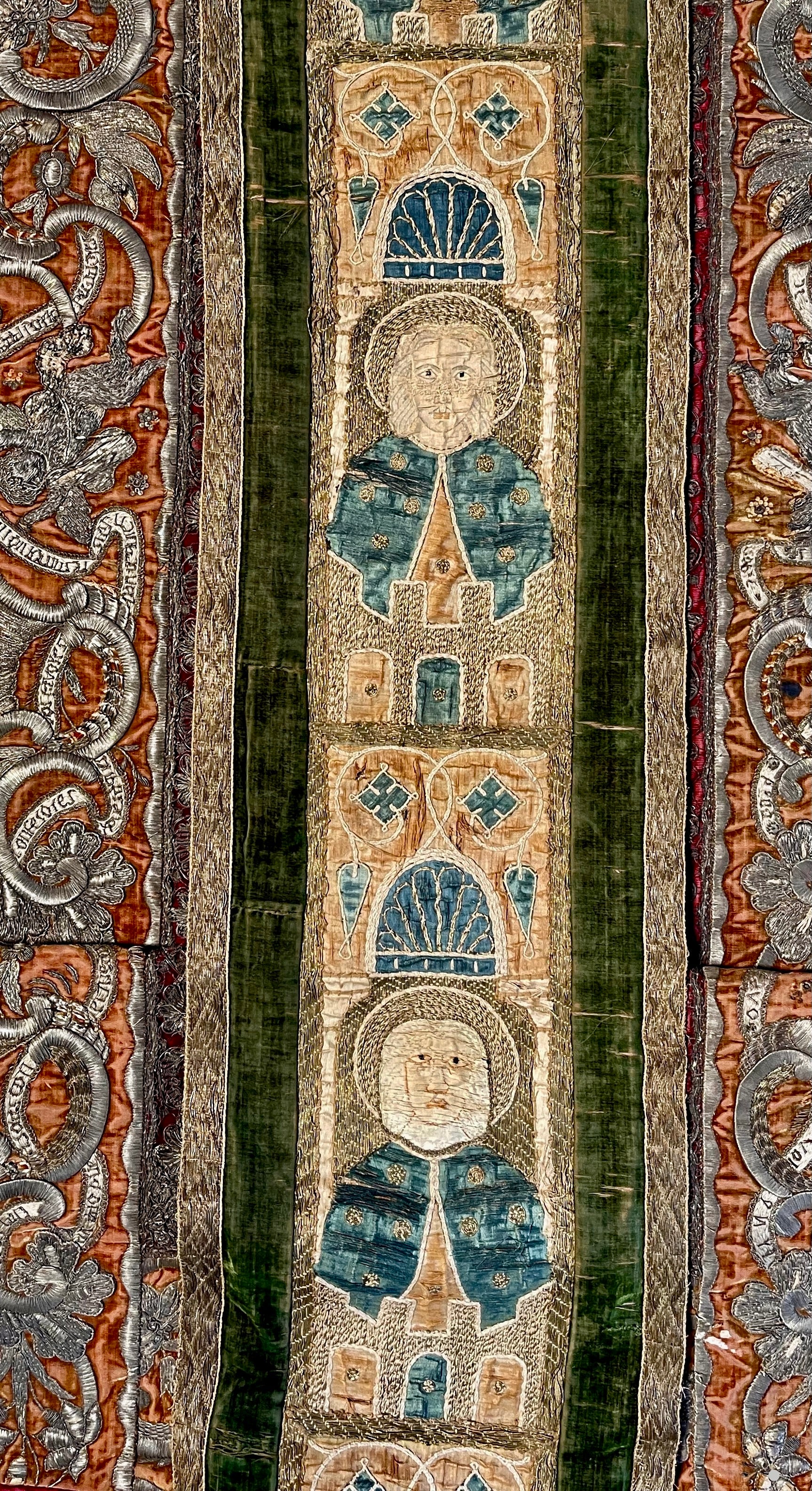16th Century Embroidered Orphrey Panels of Saints Antique Runner
