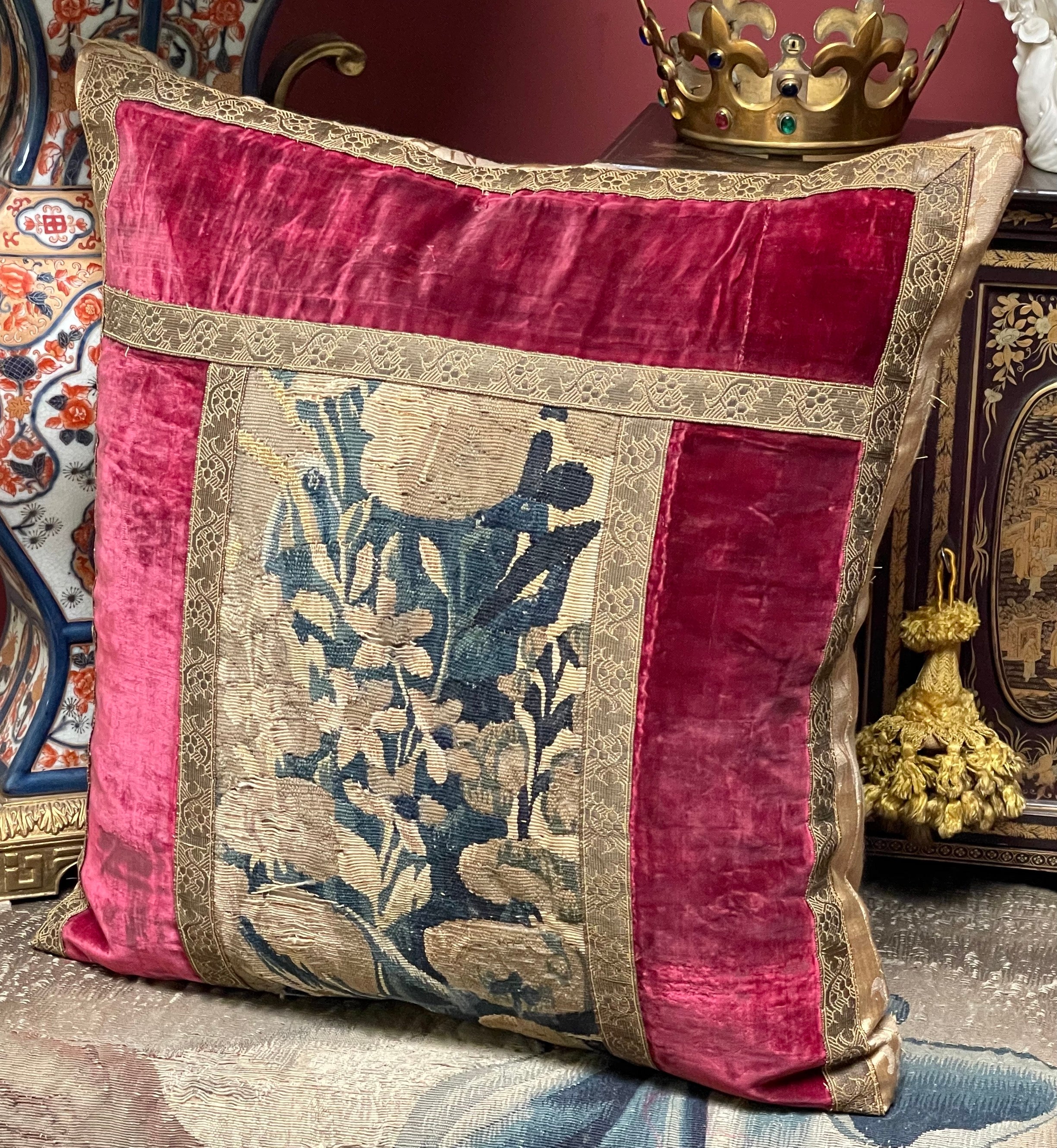 Antique Pillow 17th Century Velvet and Aubusson Tapestry