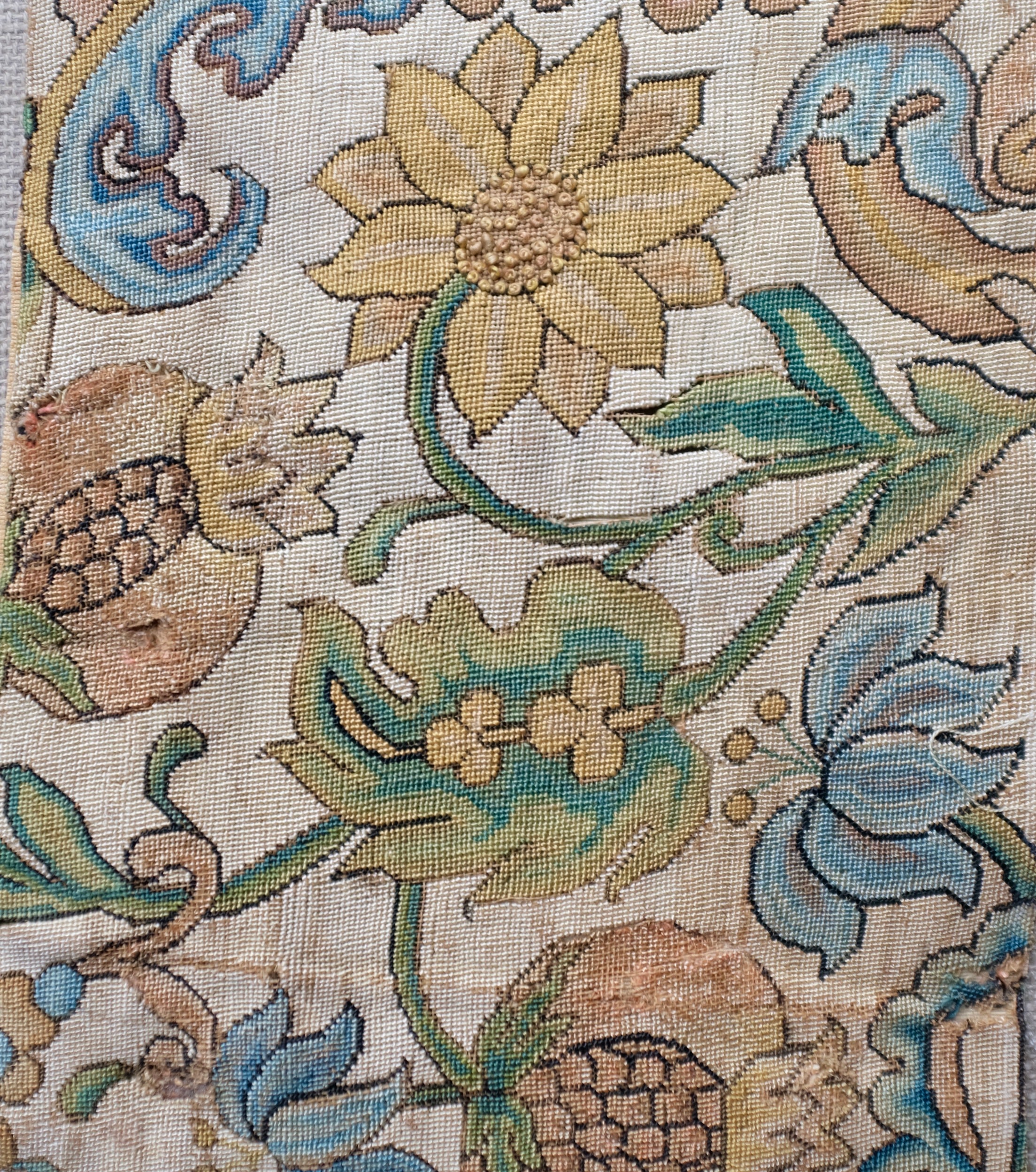 17th Century English Needlework Fragment Pomegranates