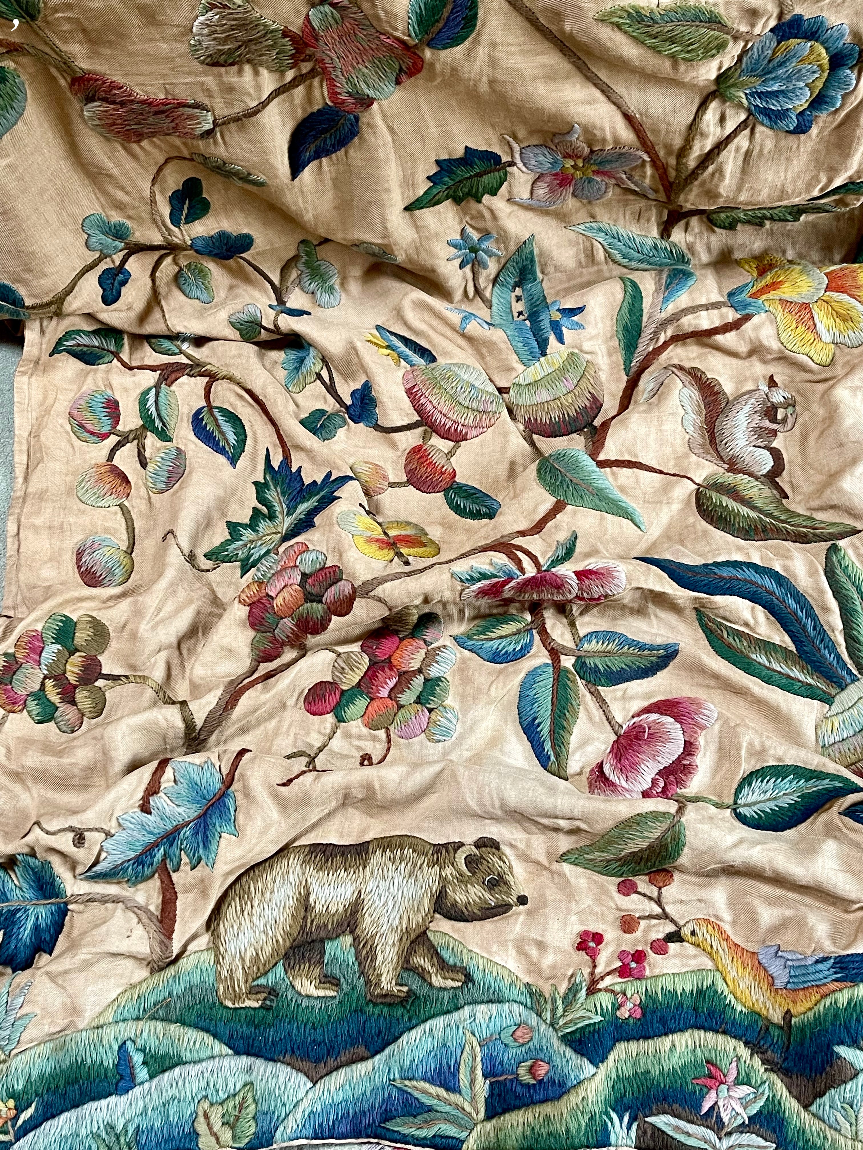 Antique Crewelwork Curtain Tree Of Life Birds Animals Circa 1800