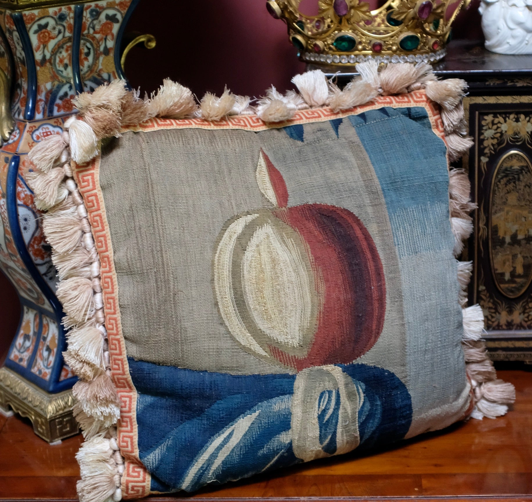 Antique Aubusson Tapesty Pillow 17th Century Pictoral Panel